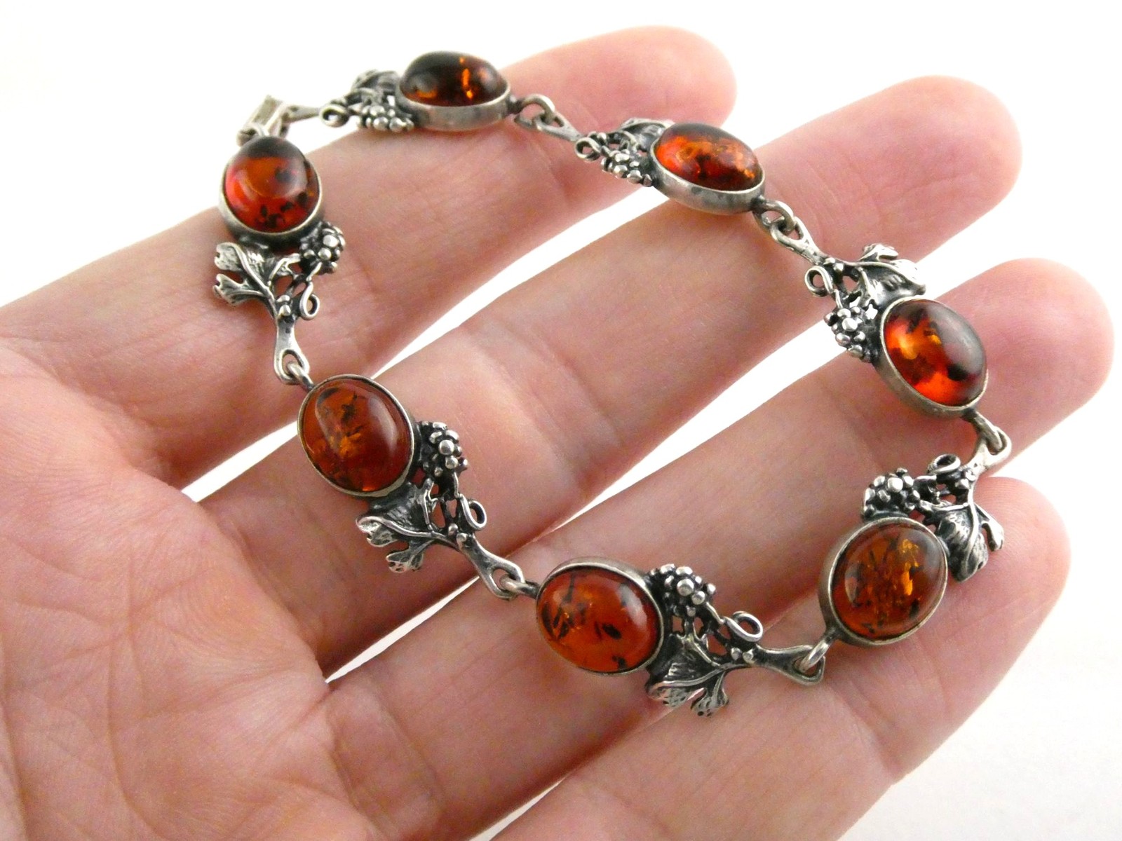 Vintage Sterling Silver Amber Cabochon Grape Vine Link Bracelet 925 7.25In 10.6g