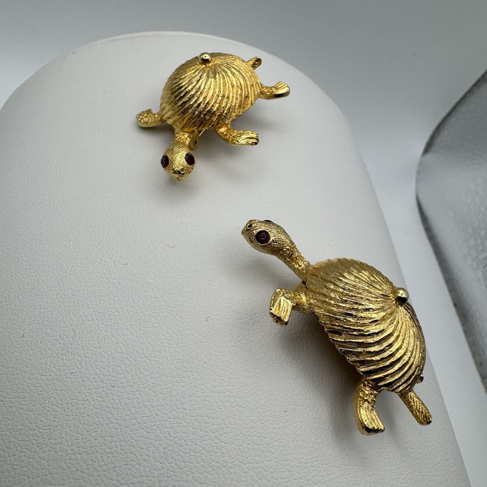 Goldtone Textured Twin Turtle Brooches Red Rhinestone Eyes