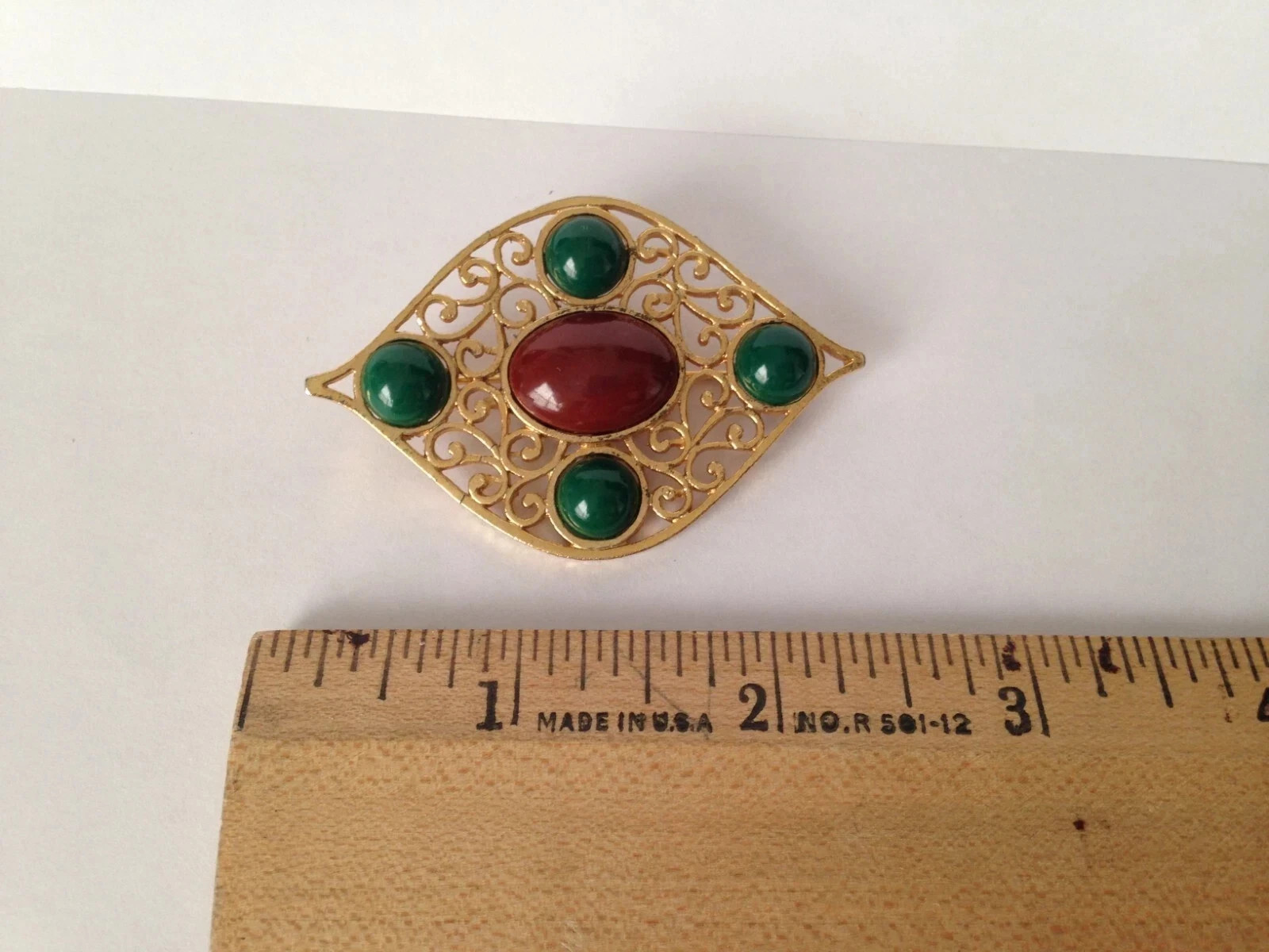 Vintage CORO Signed Red Green Cabochon Gold Tone Brooch Pin