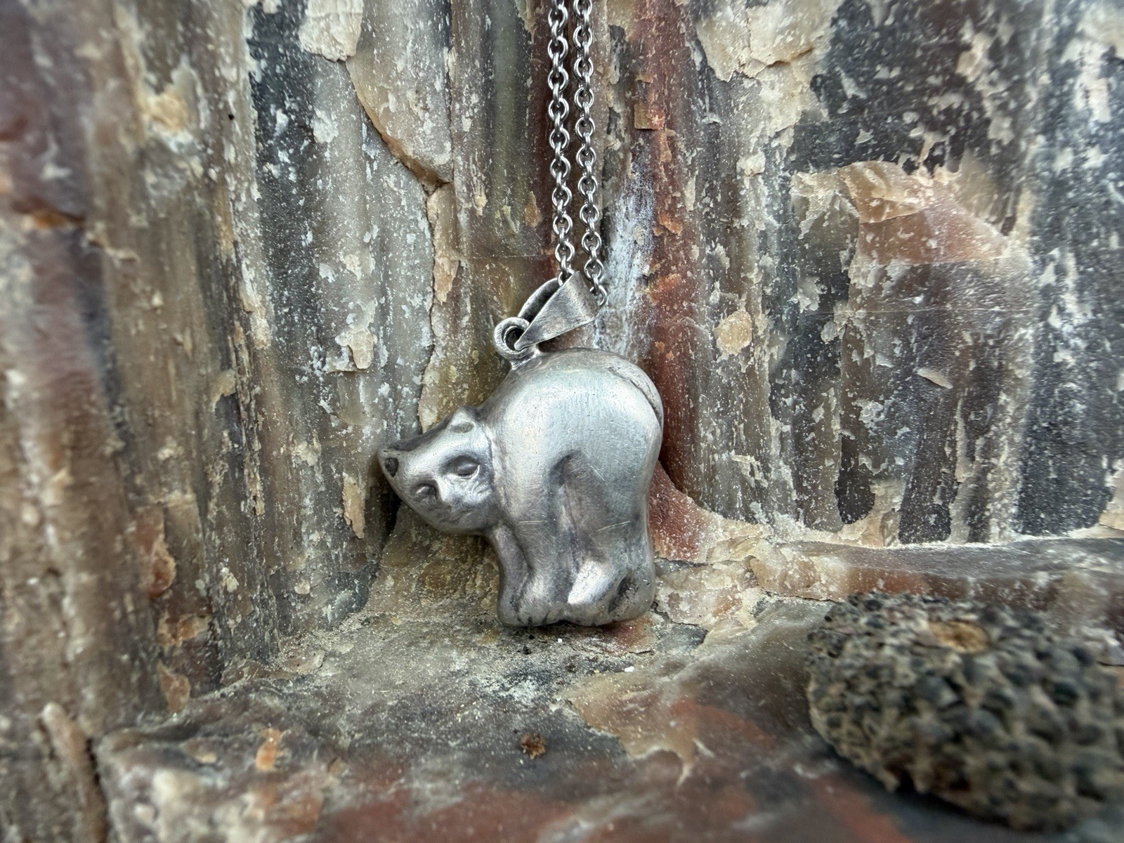 Vtg Sterling Silver 3-D Puffy Cat Pendant Necklace Hallmark-CW