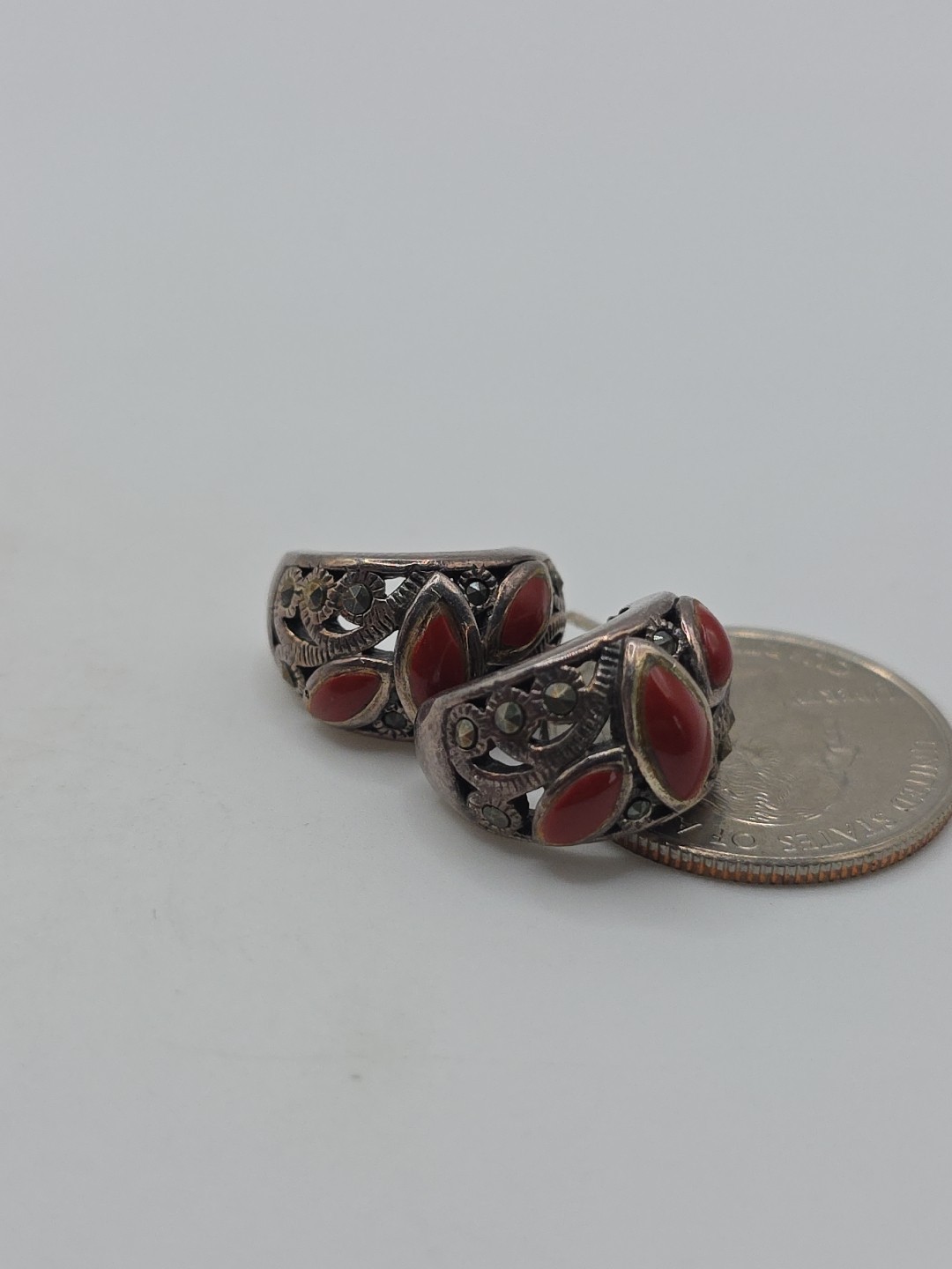 Vintage Sterling Silver 925 Red Coral Marcasite Curved Earrings 10g
