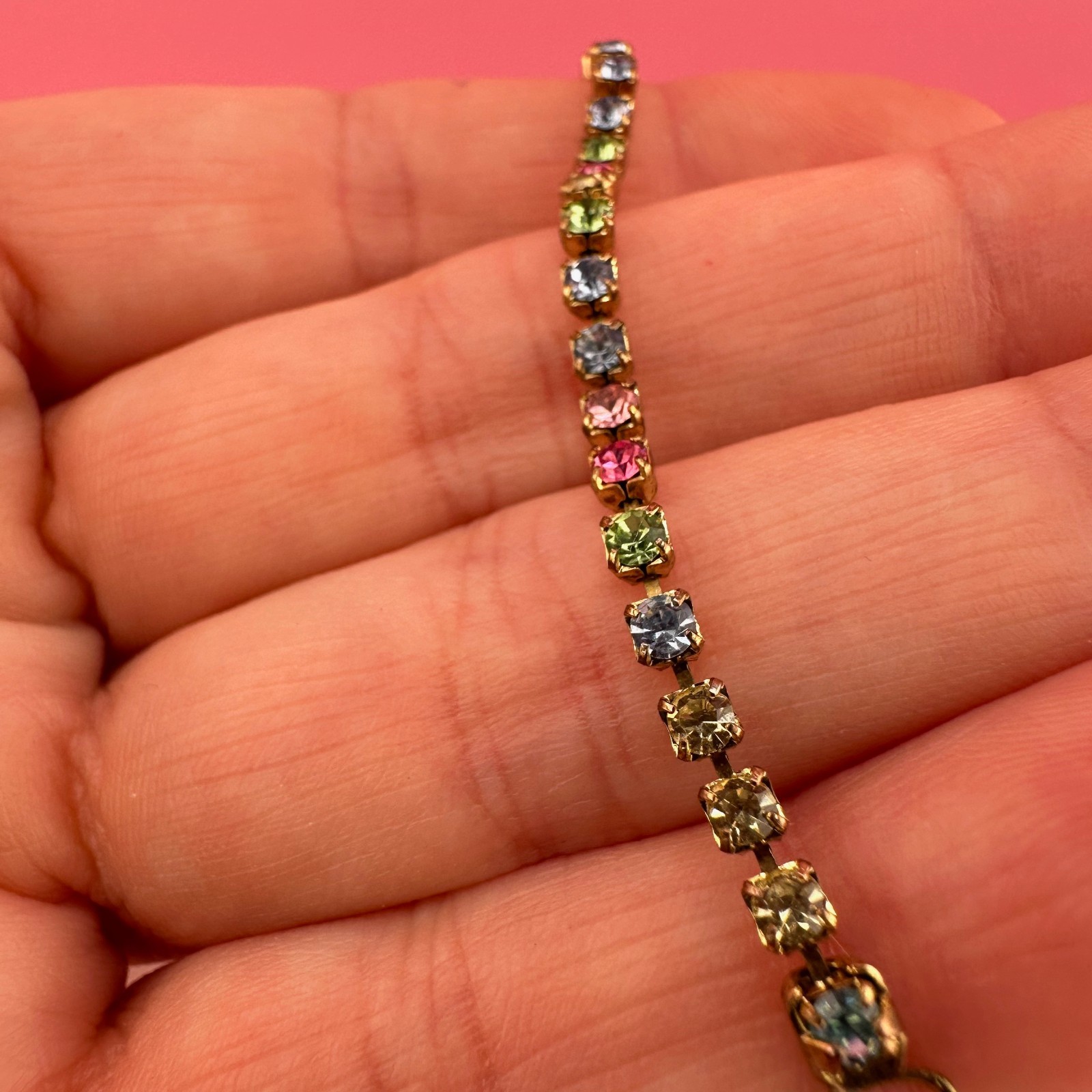 Vintage Rhinestone Bracelet Pastel Multi Color Gold Tone Tennis Cup Chain 6.75″