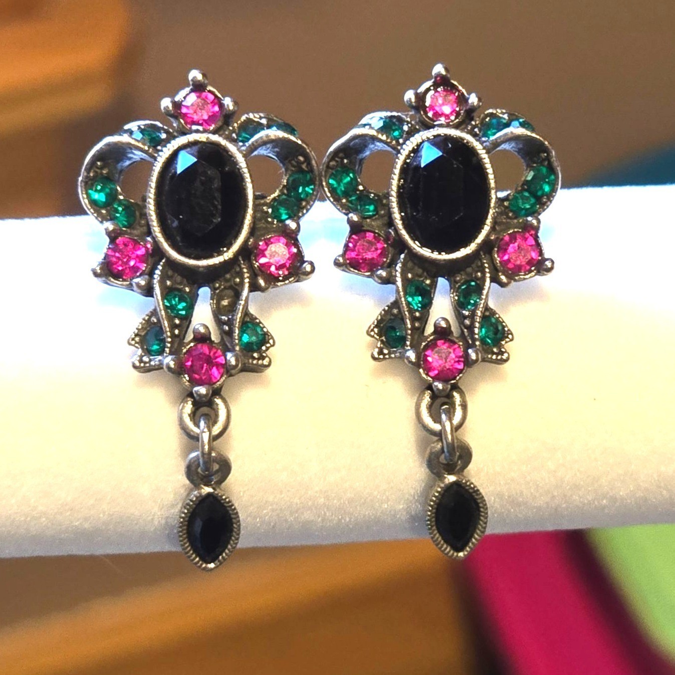 1928 Vintage Dangle Earrings Black Cabochon Pink Green Crystal Drop Bow shaped