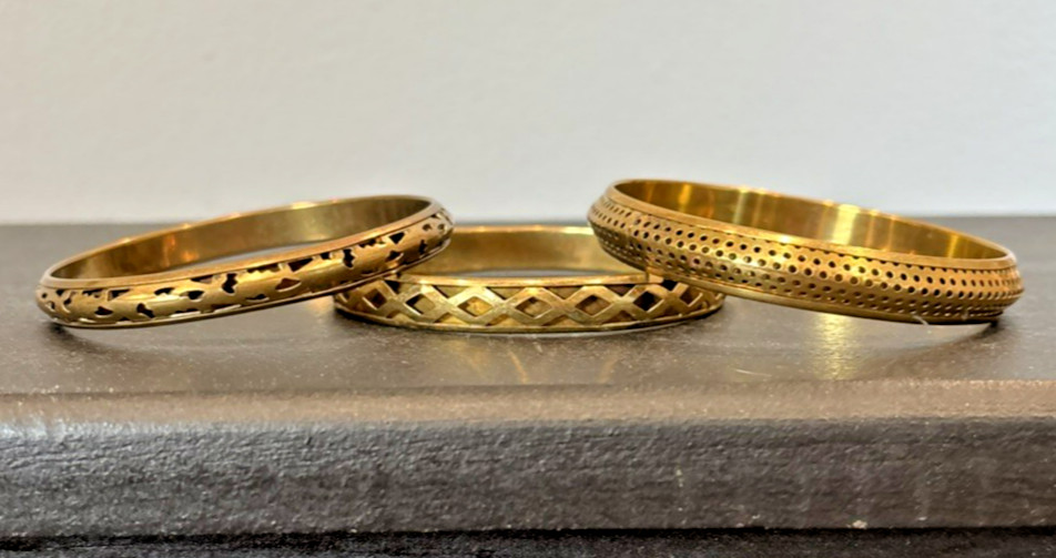3 Brass/ Bronze Metal Bangle Bracelets w/ Pierced Patterns Designs Antique Look