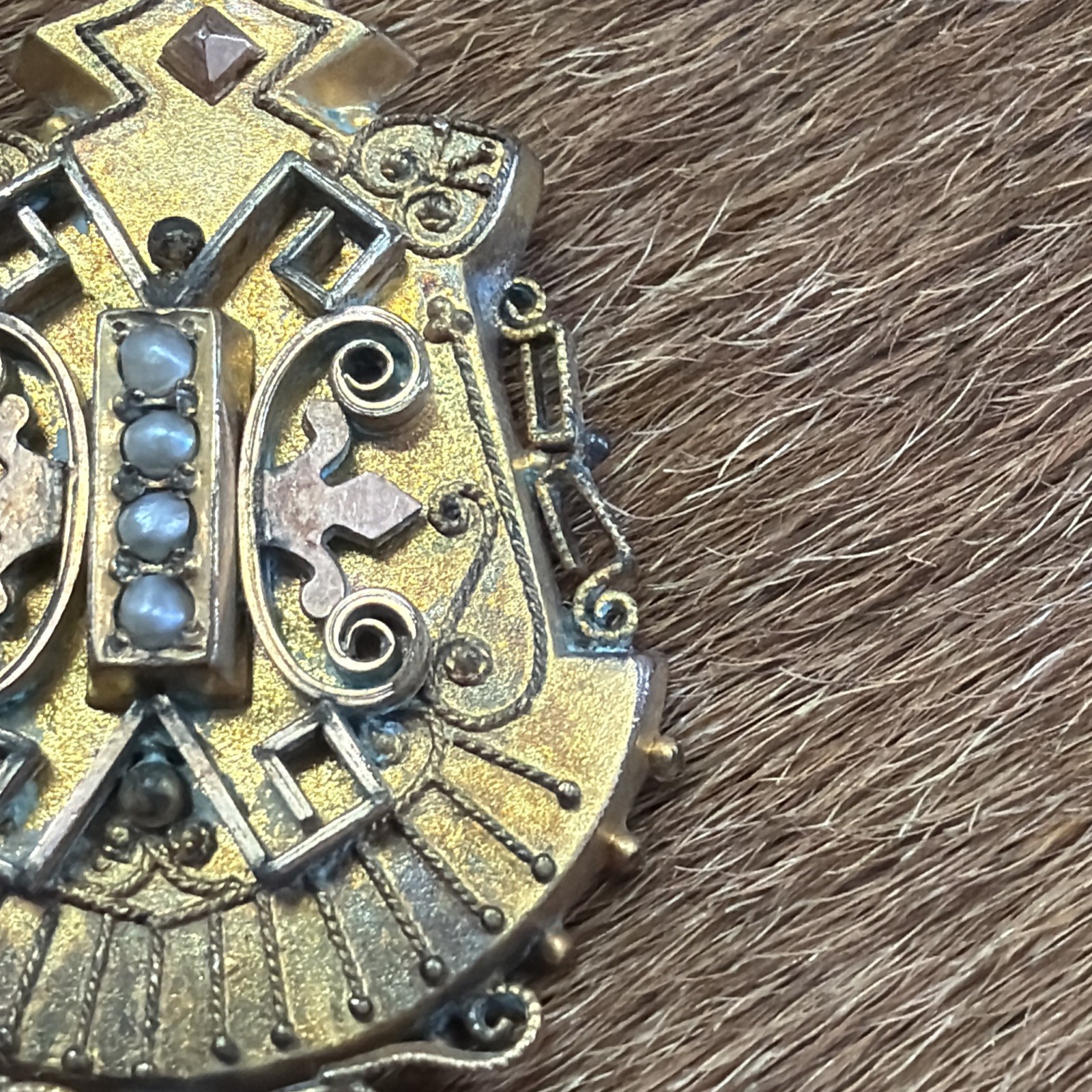 Vintage Late 1800’s Victorian Gold plated seed Pearl Etruscan Pendant/broach