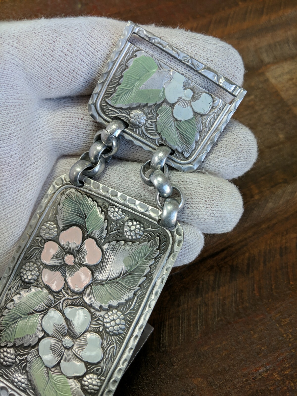 1940s Hammered Aluminum Arts&Crafts Belt Extension? Dogwood Raspberries Enamaled
