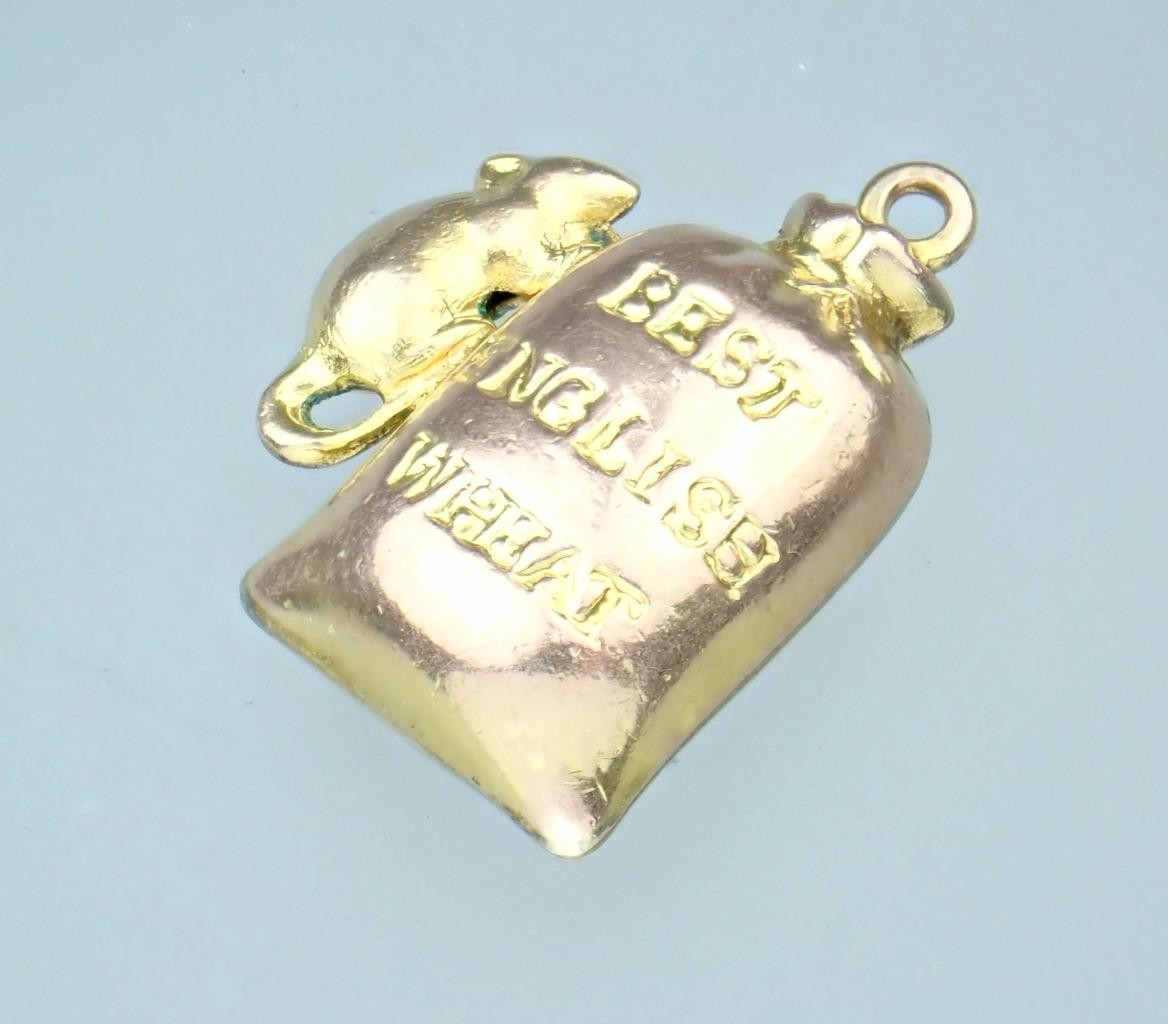 Fun! Antique Victorian Solid 9K Rose Gold Mouse Sack Of Wheat 3D Charm Pendant