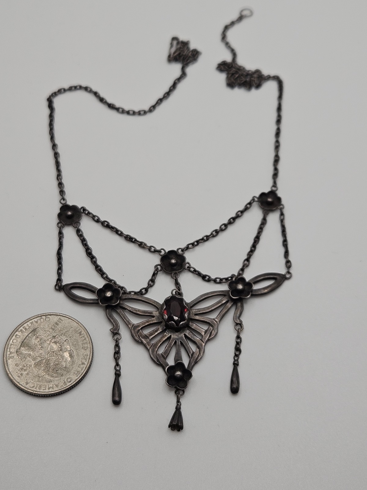 Vintage Victorian Revival Festoon Sterling Red Garnet Flower Necklace As Is