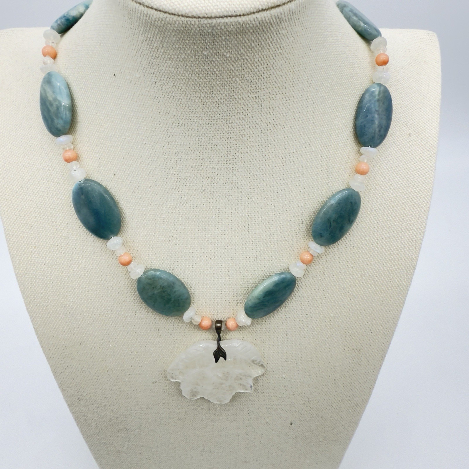 Vtg Sterling Carved Rock Crystal Necklace Angel Skin Coral Moonstone WOW