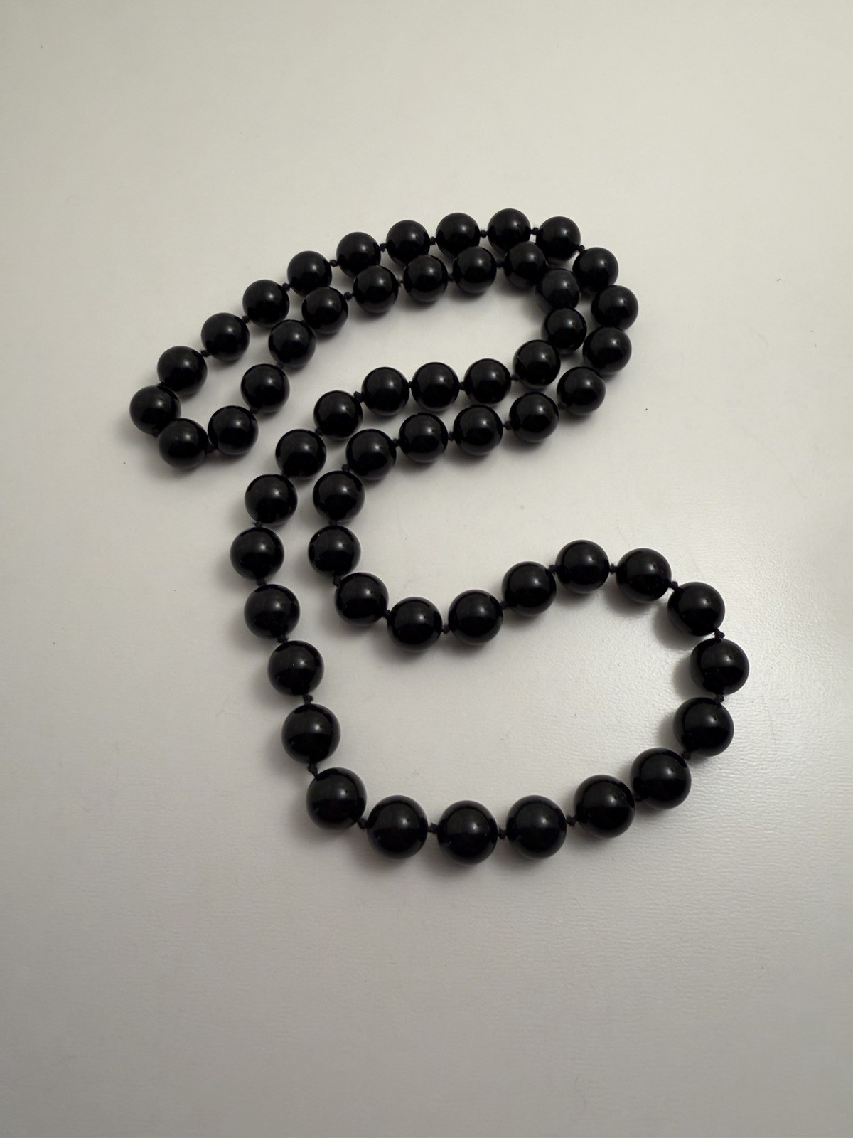 Vintage Round Polished Black Glass 1cm Beads 28” Necklace Hand-Knotted 126.7g