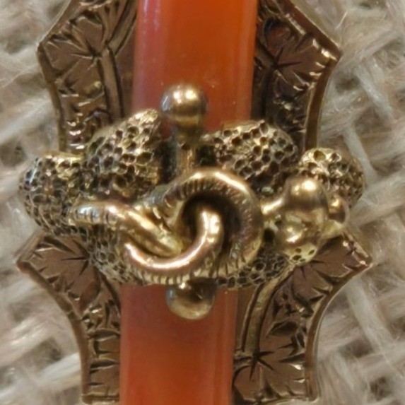 Antique Victorian 14K Gold Snake Brooch Coral Serpent Estate Jewelry mourning pi