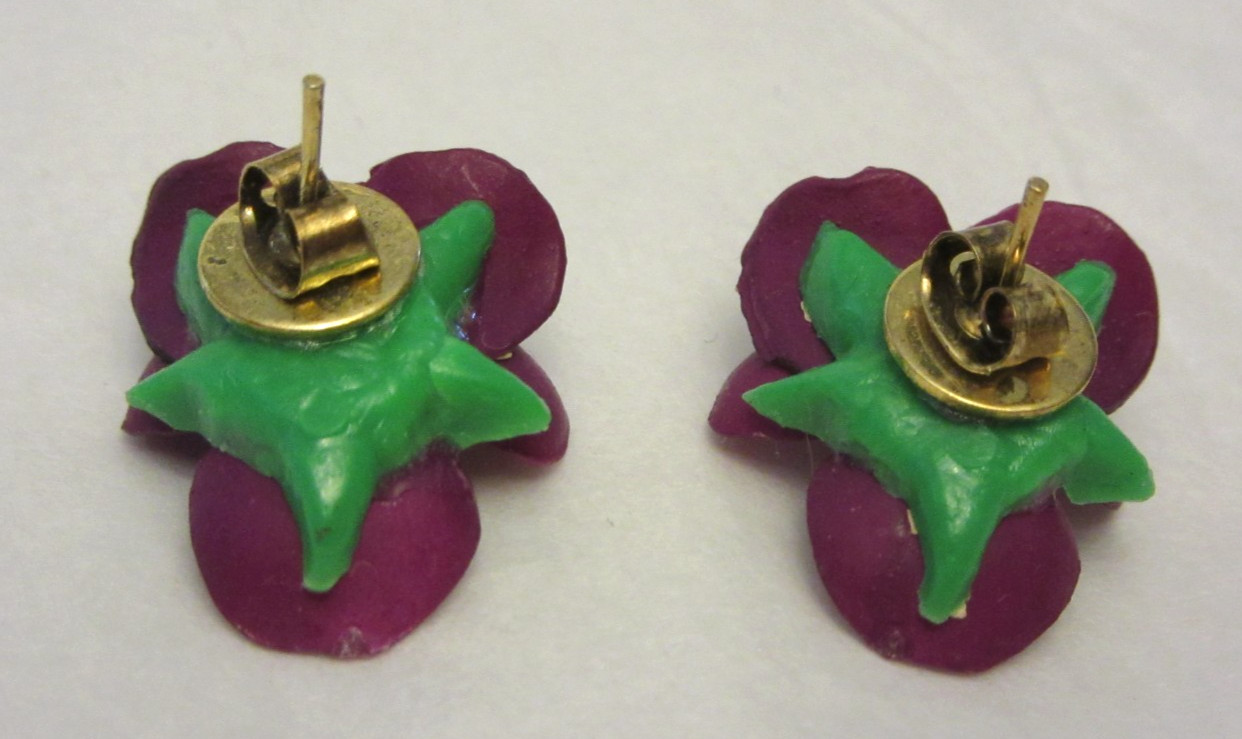 VTG Purple Lucite Pansy Violet Flower Pendant Necklace & Pierced Earrings Stone