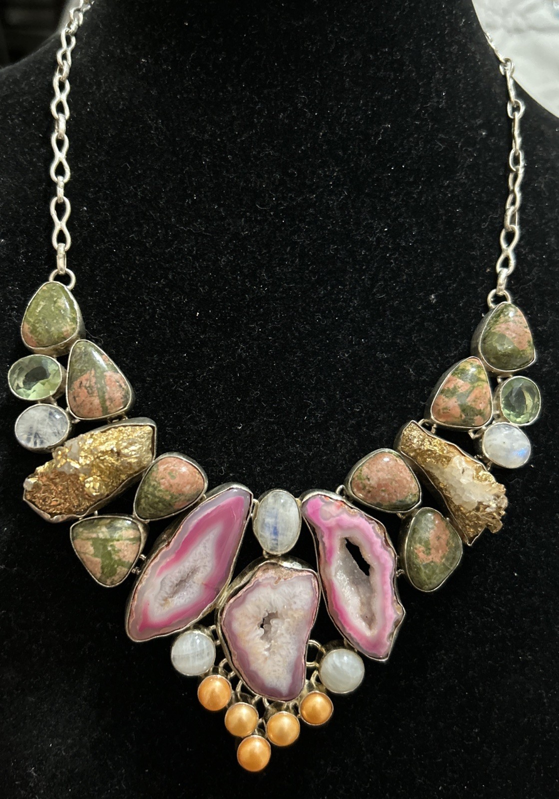 Vntg Designs By Cheryl P Rogers Phillips Pink Sliced Geode Druzy Agate Necklace