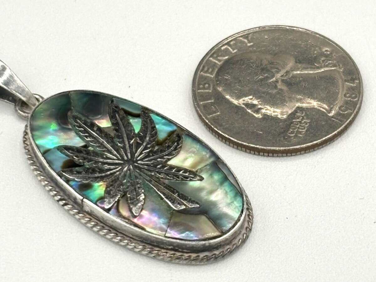 MidCentury Mexico Taxco Sterling Silver 925 Hemp & Abalone Pendant w/metal Chain