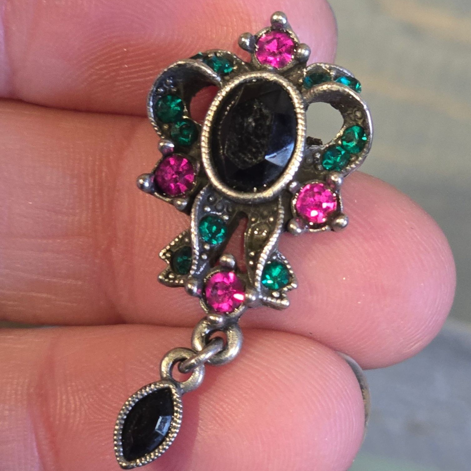 1928 Vintage Dangle Earrings Black Cabochon Pink Green Crystal Drop Bow shaped