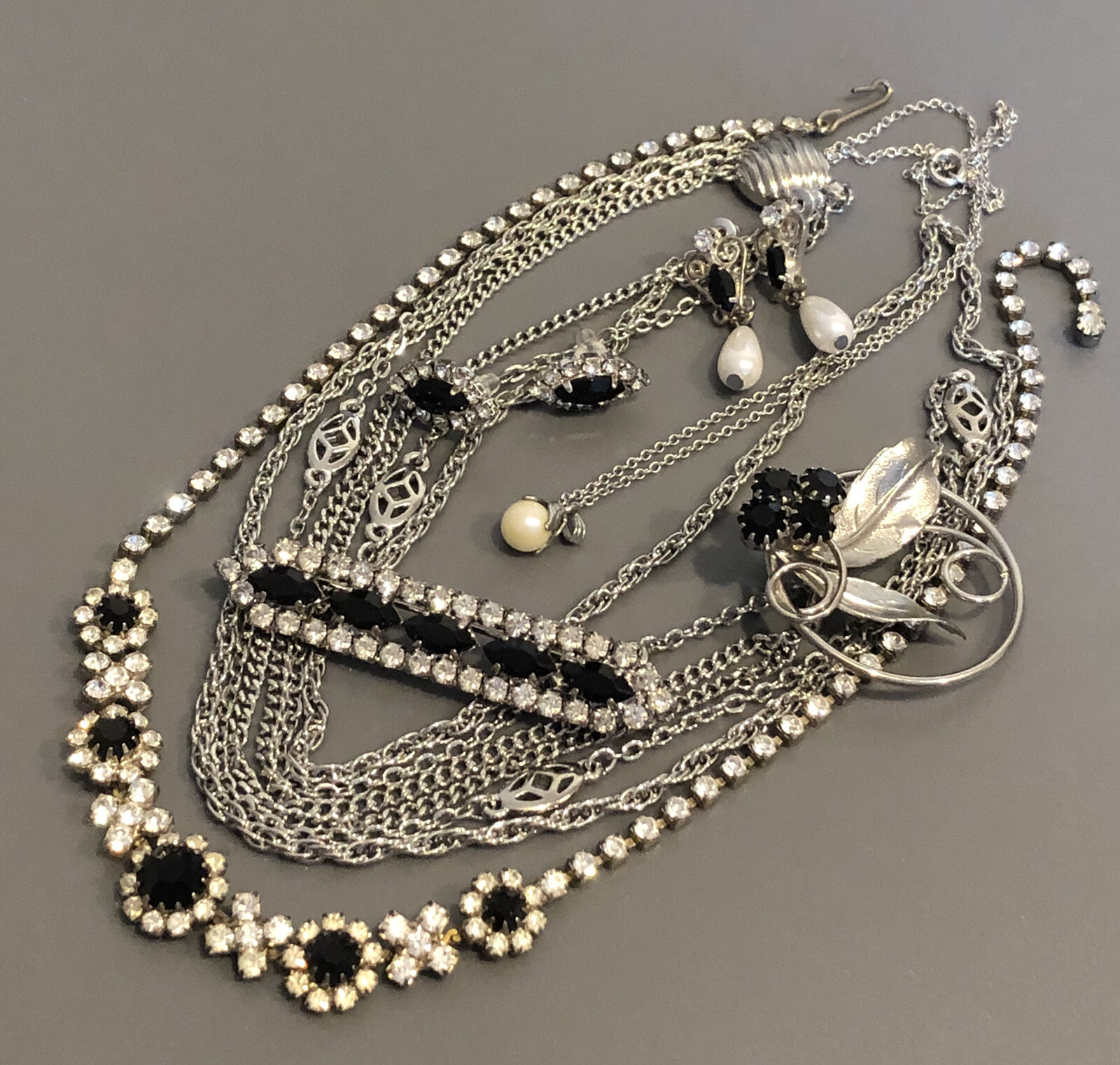 Vintage Art Deco Style Necklace Brooch Earrings Lot Of 7 Black Clear Rhinestone