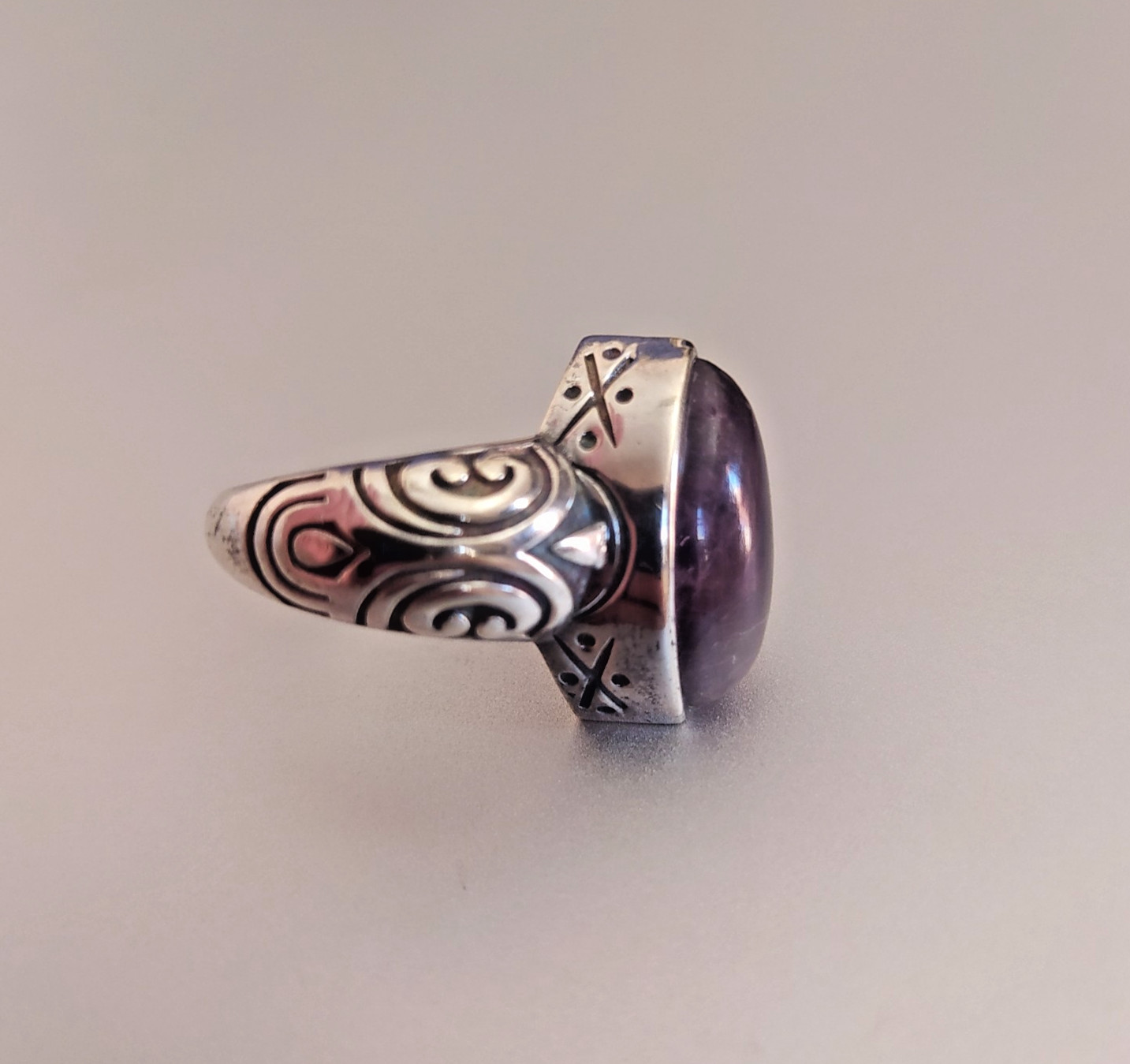Ancient Vintage Victorian Sterling Silver Ring Natural Amethyst Stone Size 8