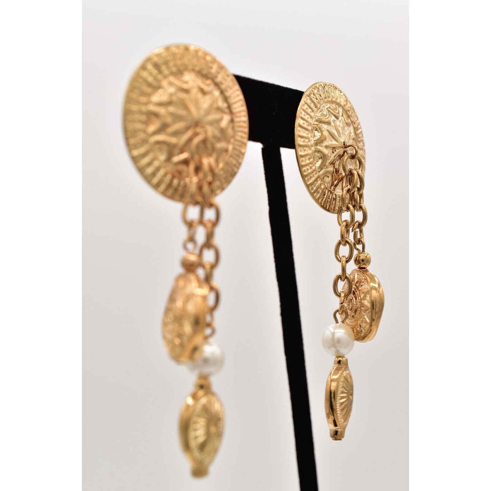 Vintage Coin Dangle Chain Earrings 3″ Pearl Etruscan Gold Chunky NOS 80s BinA18