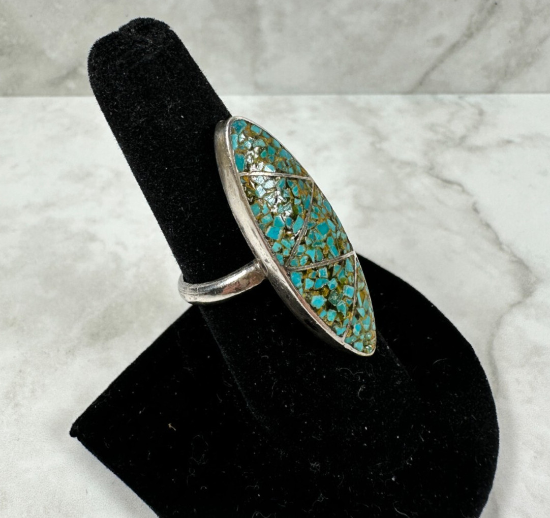 Sterling Silver Turquoise Chip Inlay Ring – Oblong – Vintage – Size 7.25