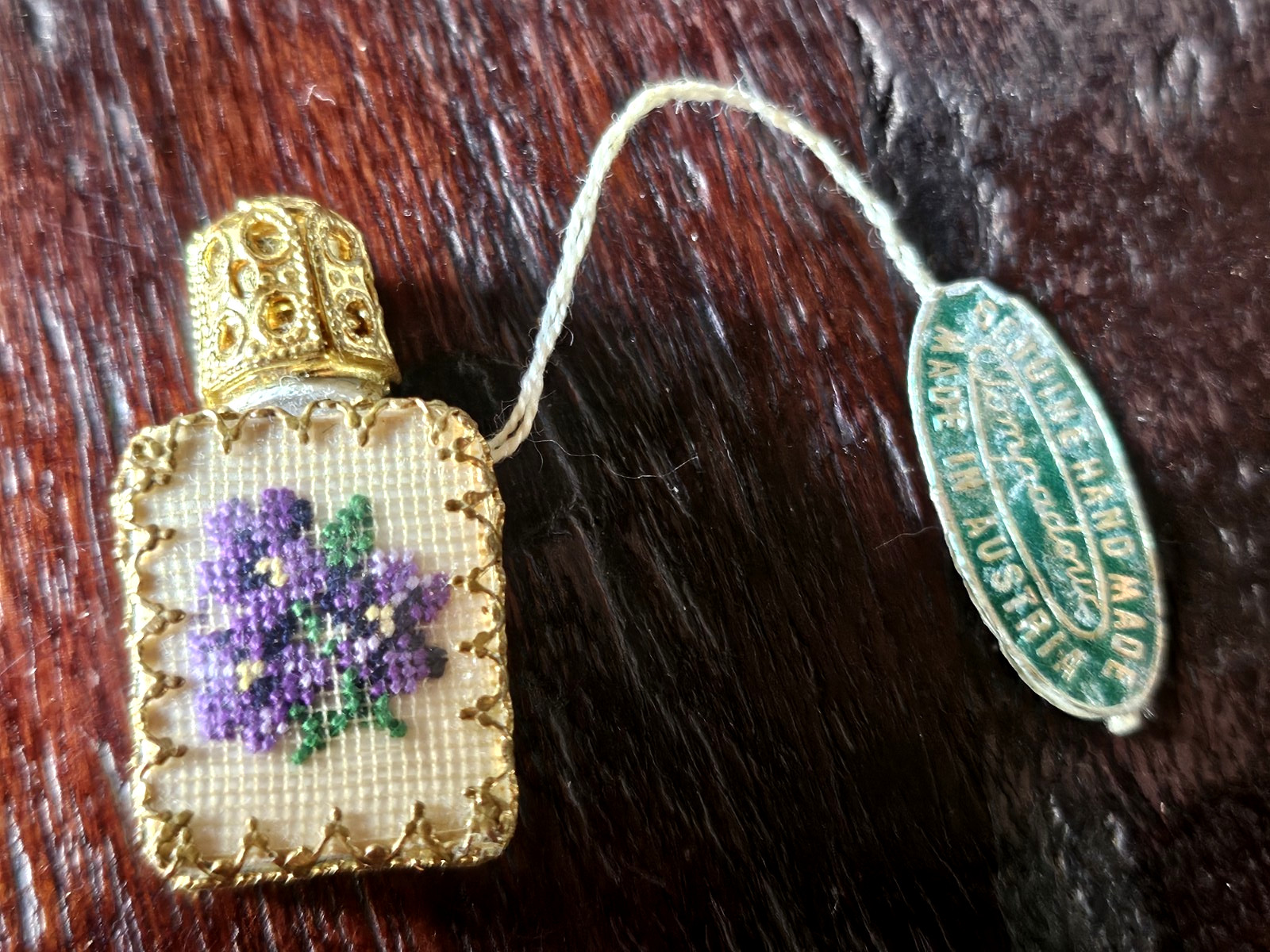 Vintage Austrian Petit Point Filigree Gilt Glass Perfume Bottle W/ Original Ta