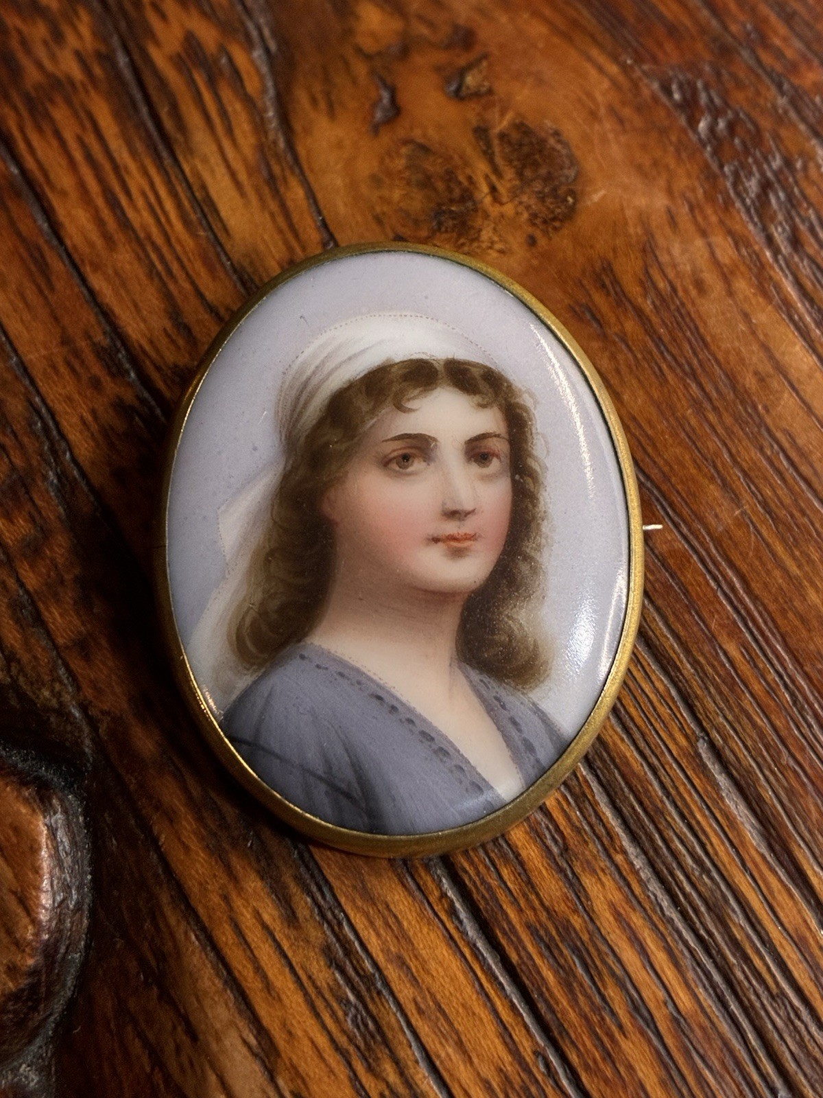 Antique Hand Painted Portrait Brooch w/ C Clasp Gold Tone porcelain Back stamped