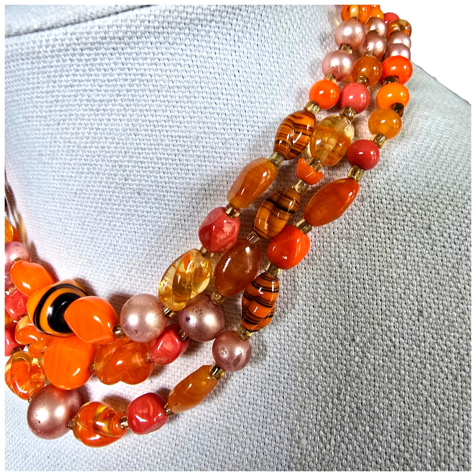 Vintage Japan 3 Multi-Strand Beaded Necklace Orange Pink Art Glass Beads
