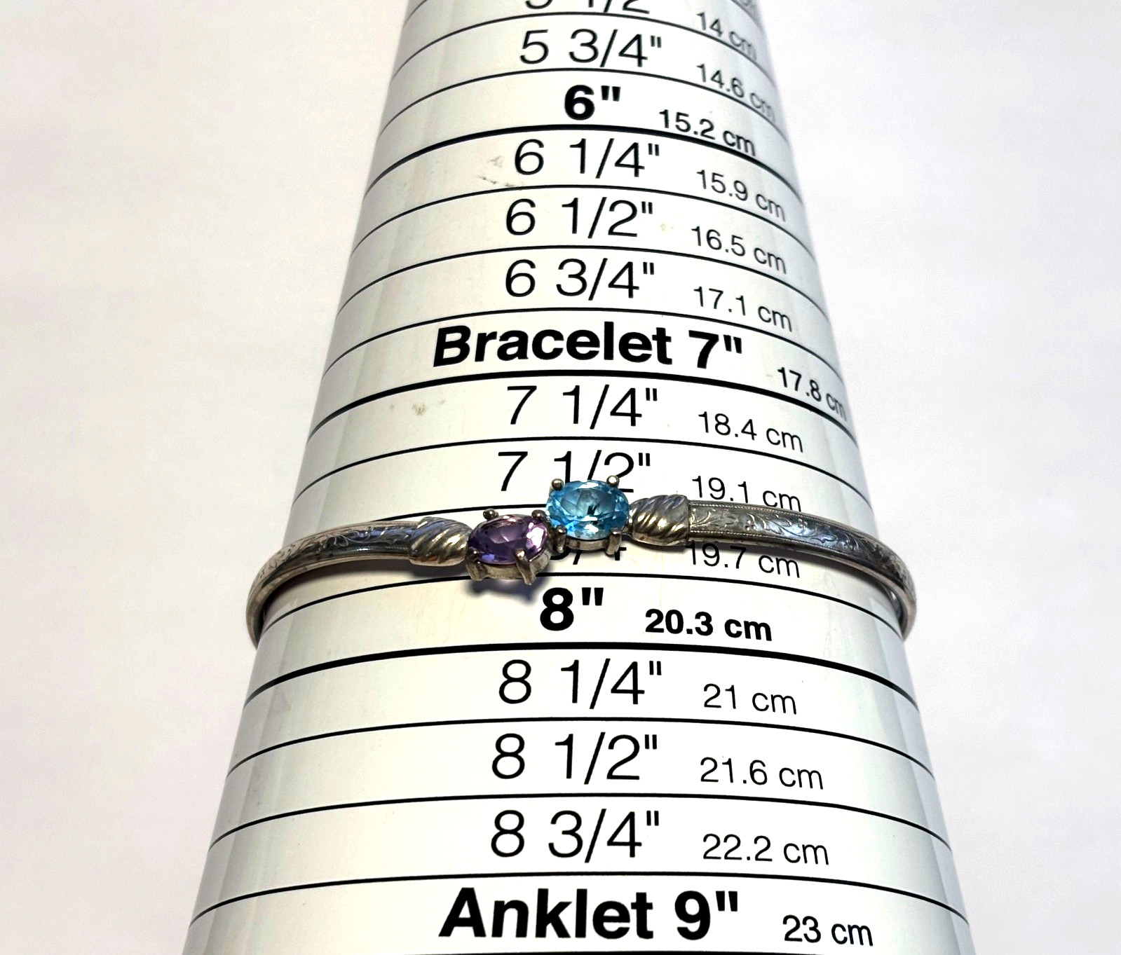 VTG Sterling Silver Edged Open Bangle Bracelet w/Purple & Blue CZ Ends 7 3/4″