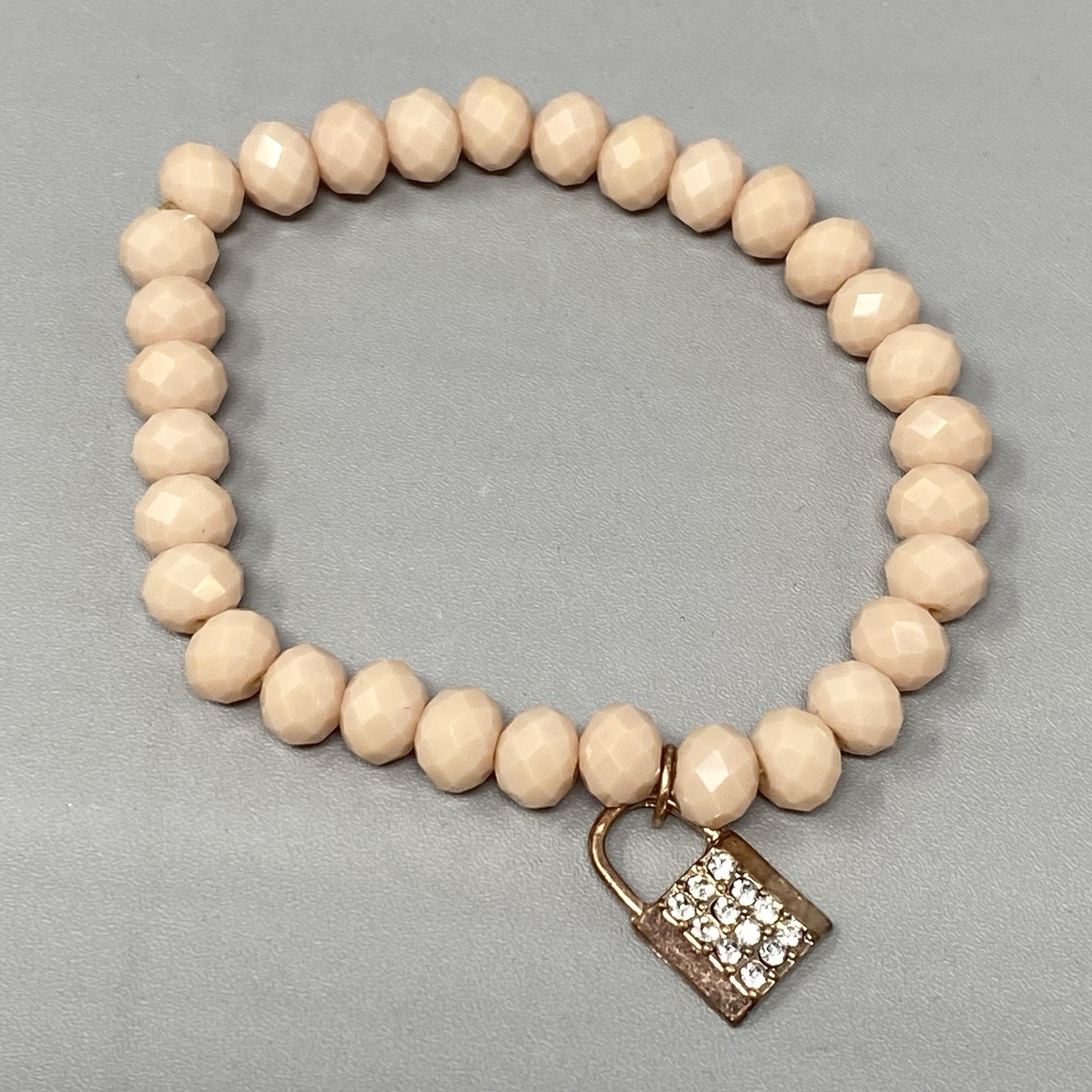 Glass Bead Charm Bracelet Stretch Peach Pink Faceted Padlock Charm Rhinestones 7