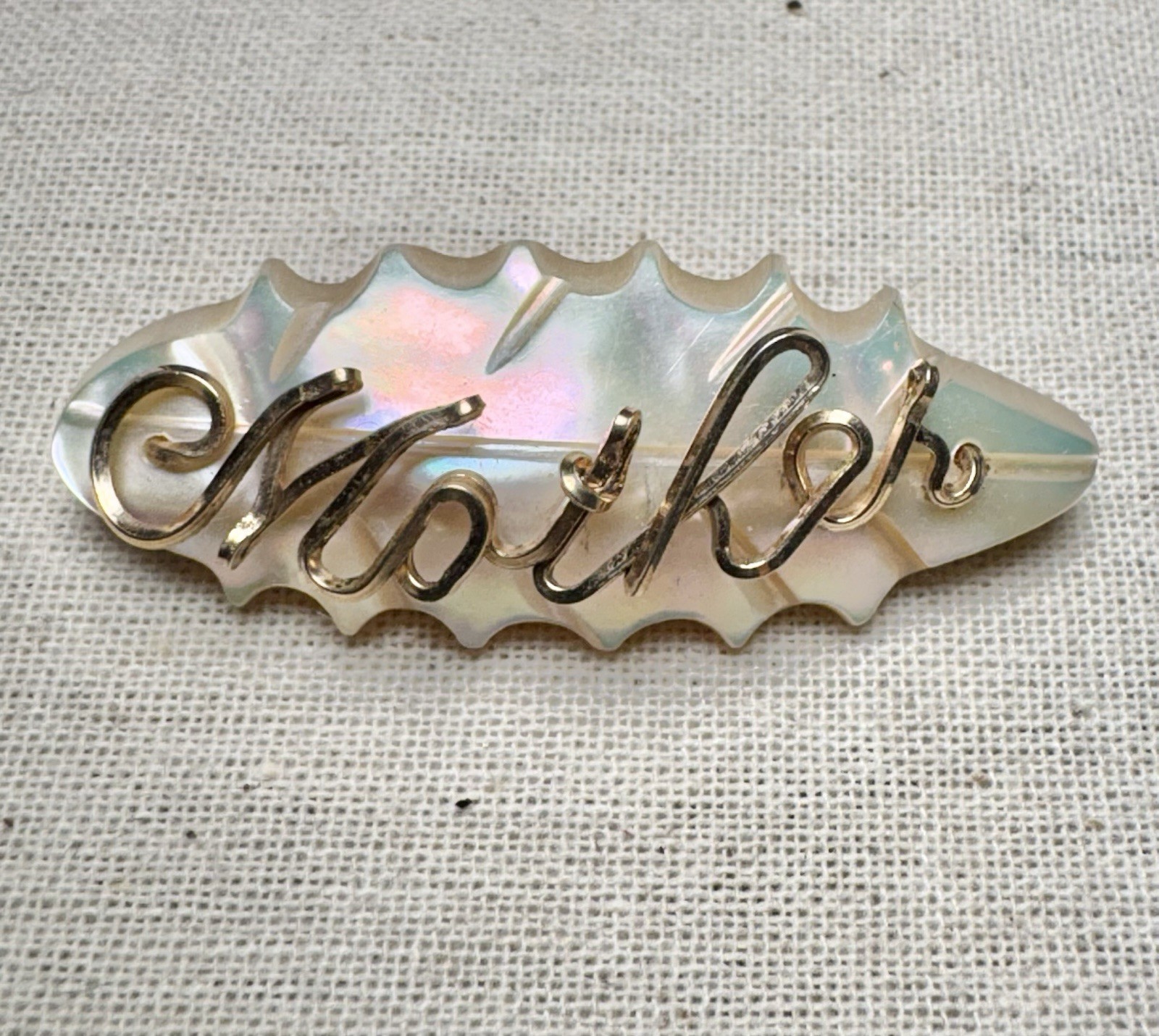 Vintage 1930s-1950s Mother of Pearl ‘Mother’ Brooch Gold Wire Script PAT #