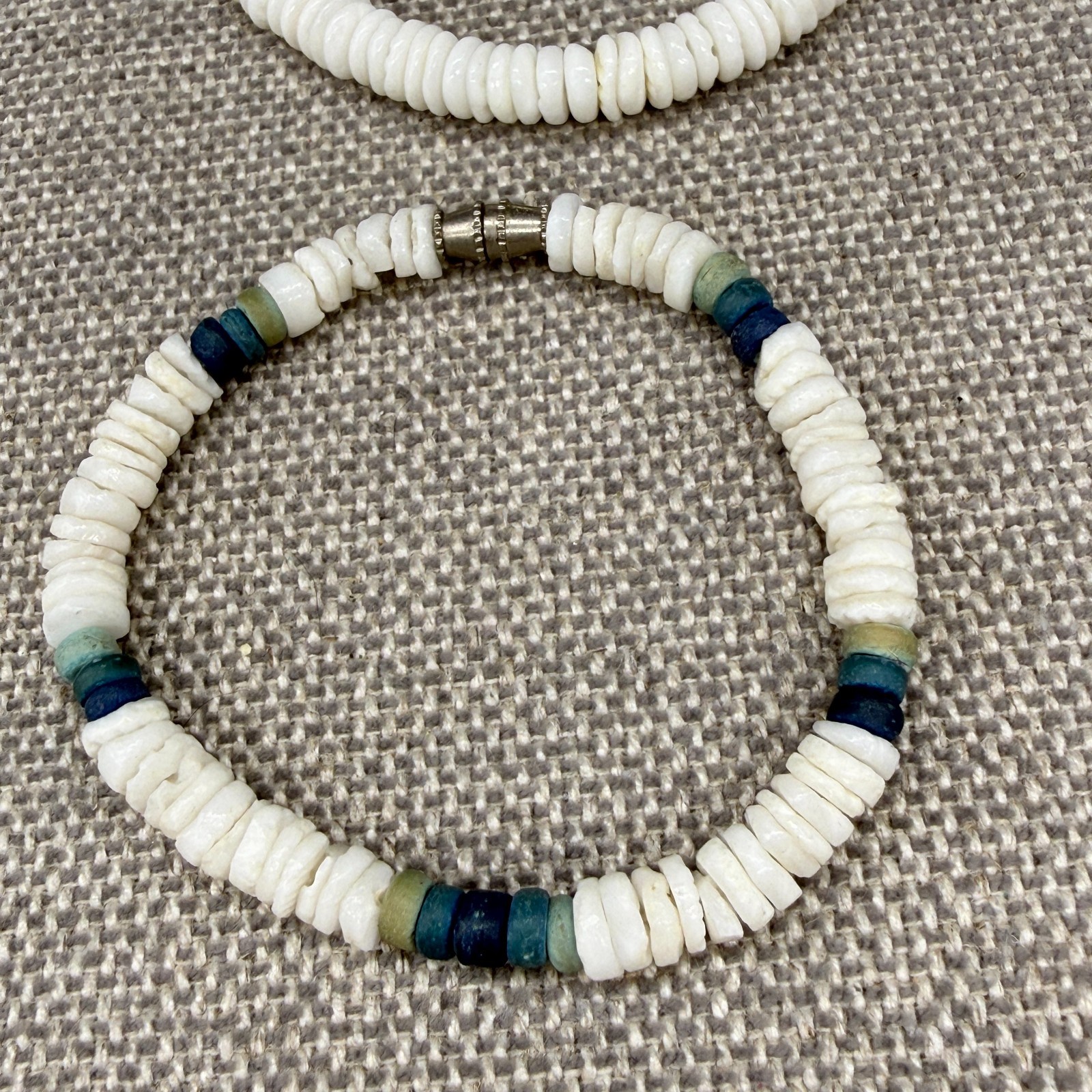 Vintage Heishi Bead Bracelet and Anklet Set White Blue Shells