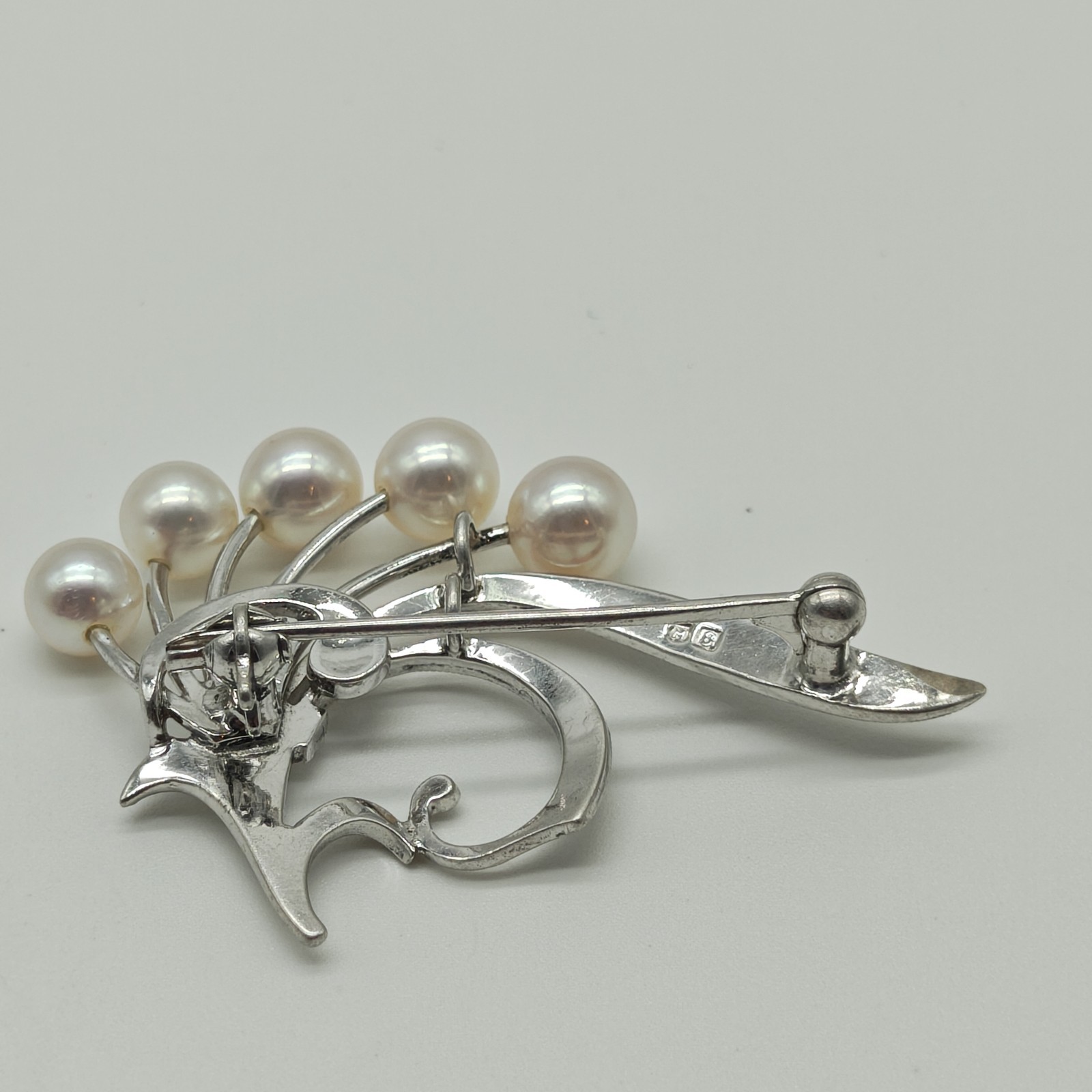 Vintage Mikimoto 5 Akoya Pearl Sterling Silver 925 Floral Design Small Brooch