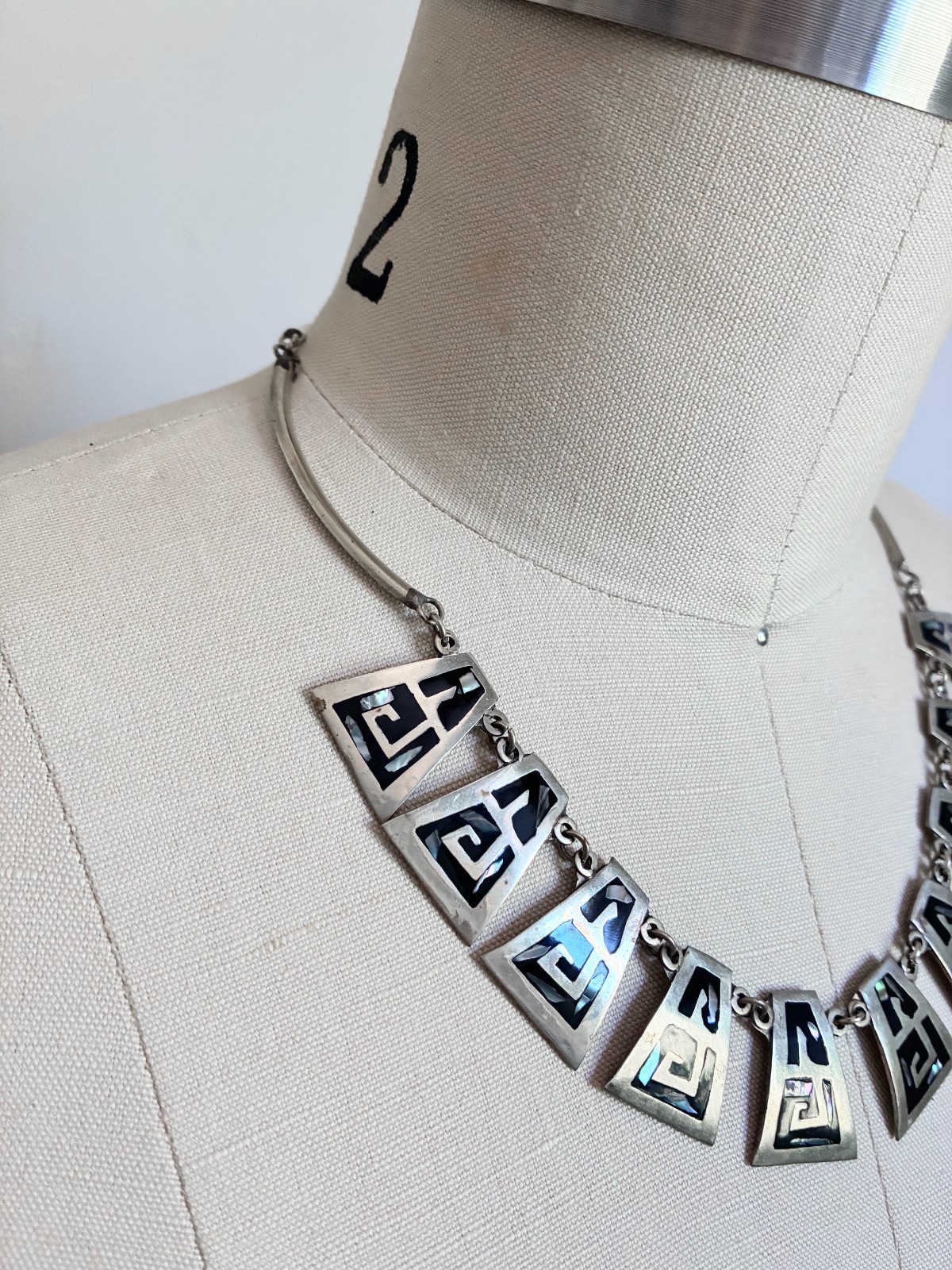 Vintage Alpaca Silver Necklace Choker Inlay Abalone Mexico Stamped 17″ Clasp