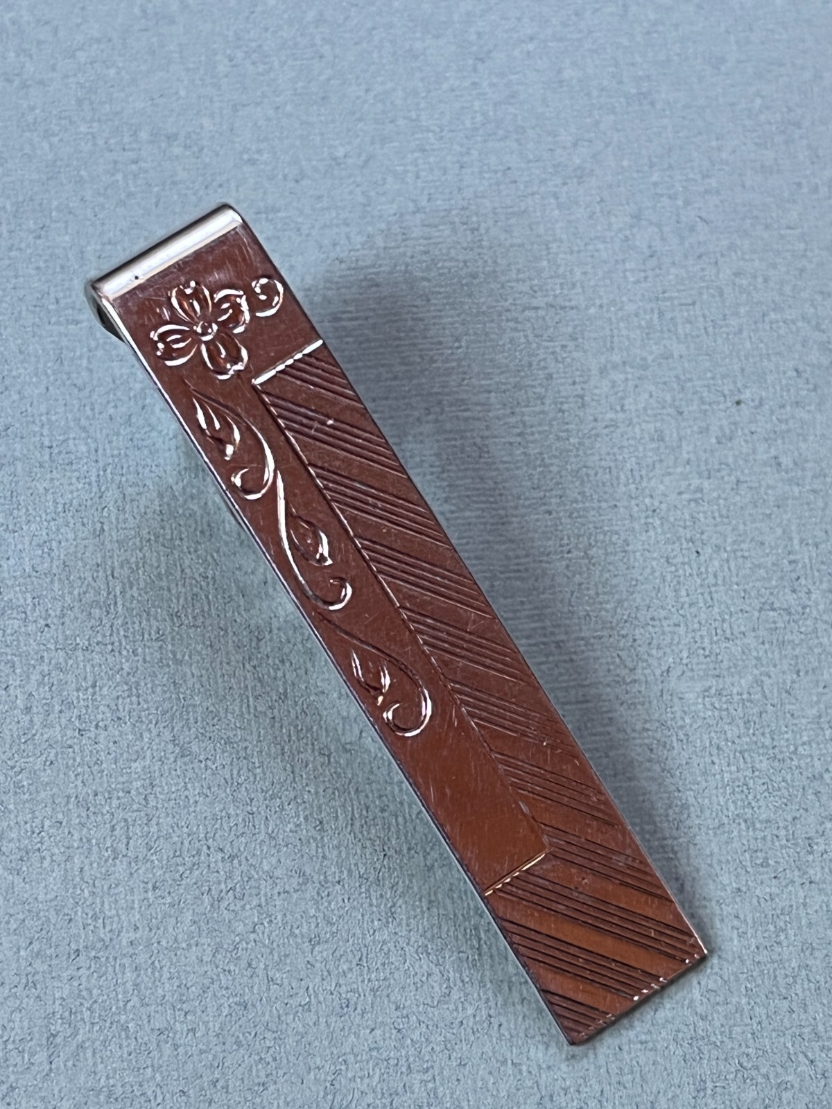 Vintage Etched Floral Silvertone Rectangle Tie Clip – 3/8th’s x 2 inches – GOOD