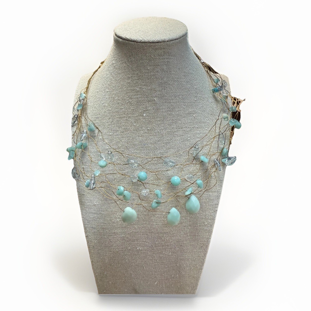 Vintage Wire Wrapped Multi Strand Necklace Aqua Blue Stone & Clear Glass