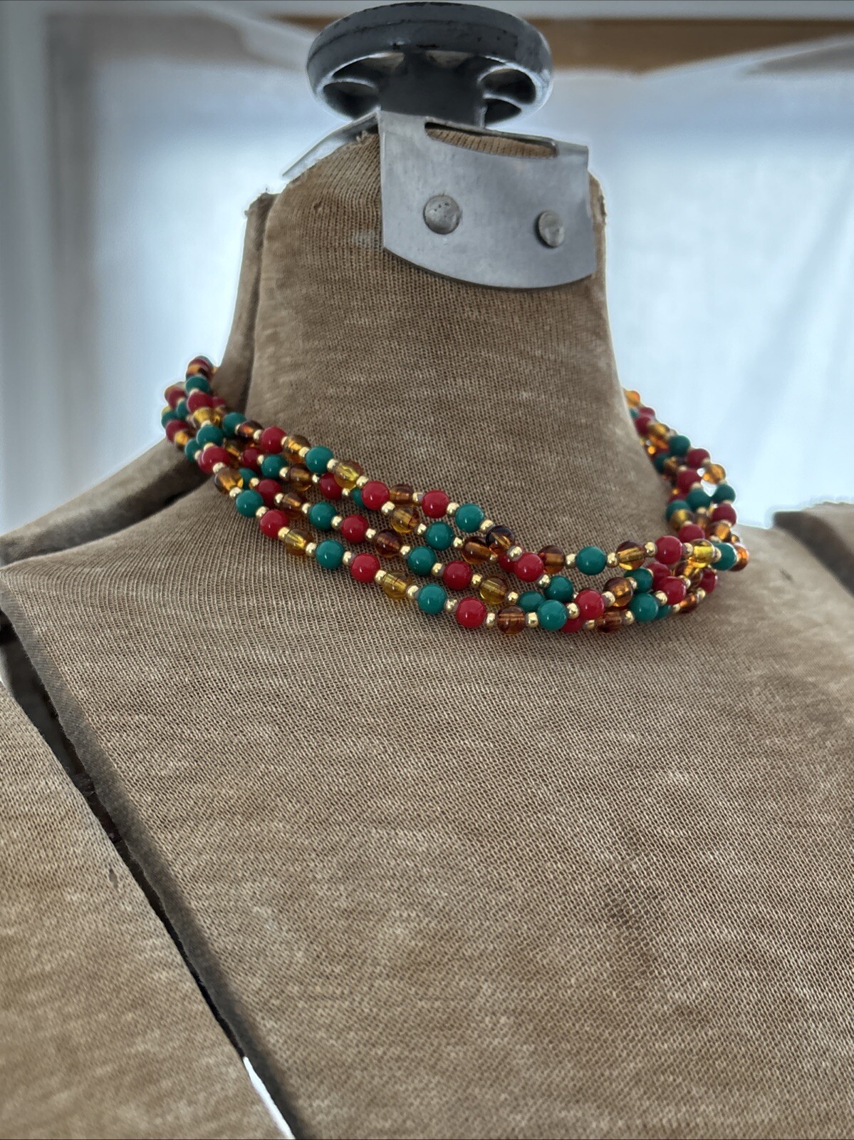 Vintage Mimi di N Beaded Necklace 1970s Designer Gold Red Green Collar