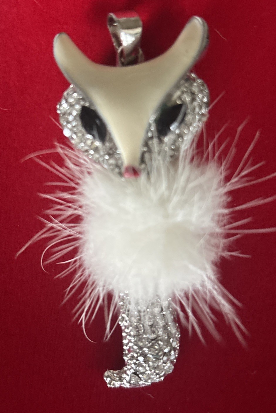 VTG Charming Charlie Fox Pendant Enamel Rhinestone Faux Fur Articulated Tail 3”