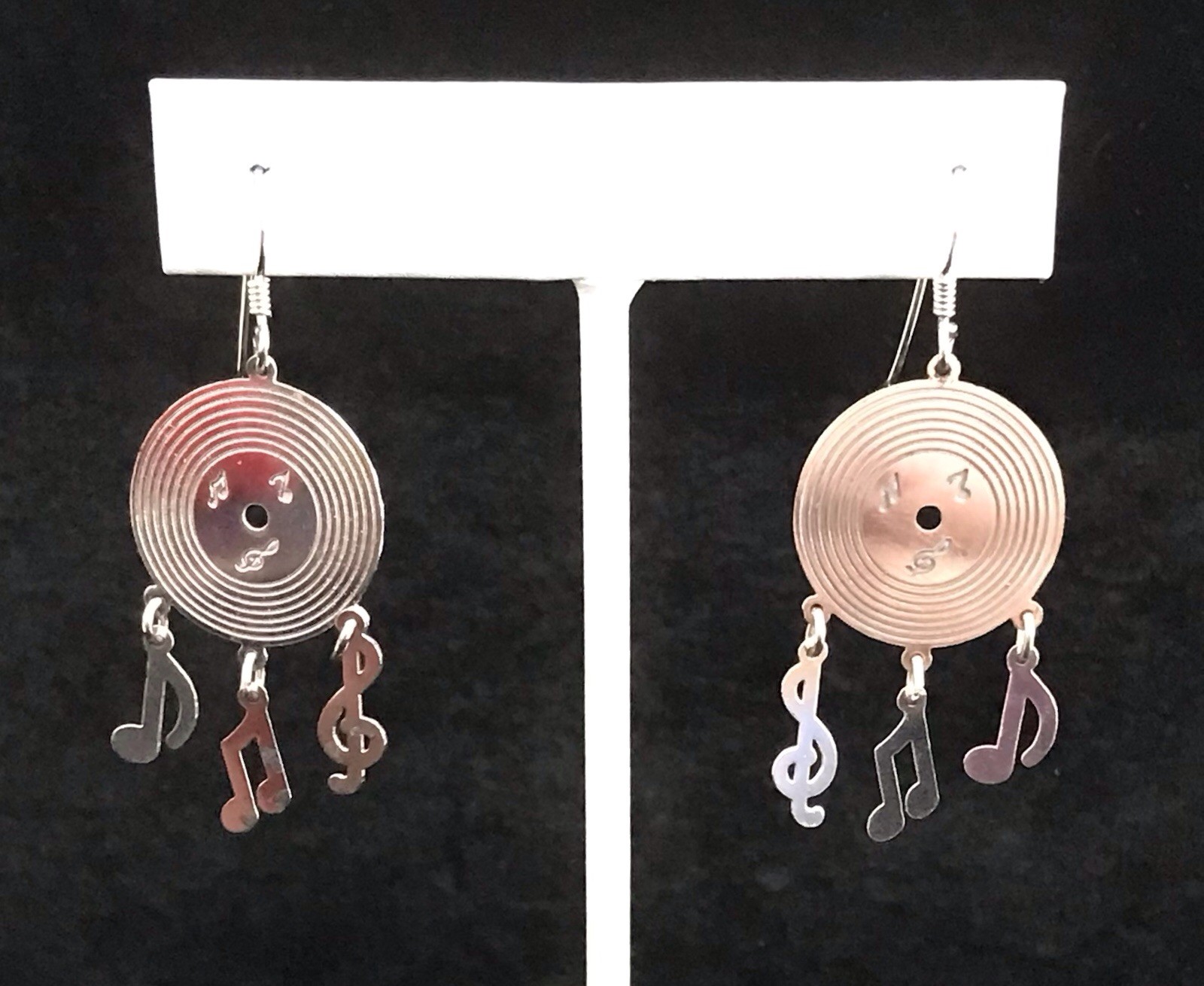925 Sterling Silver Vinyl Record Earrings Music Notes Dangle Vintage Rock & Roll