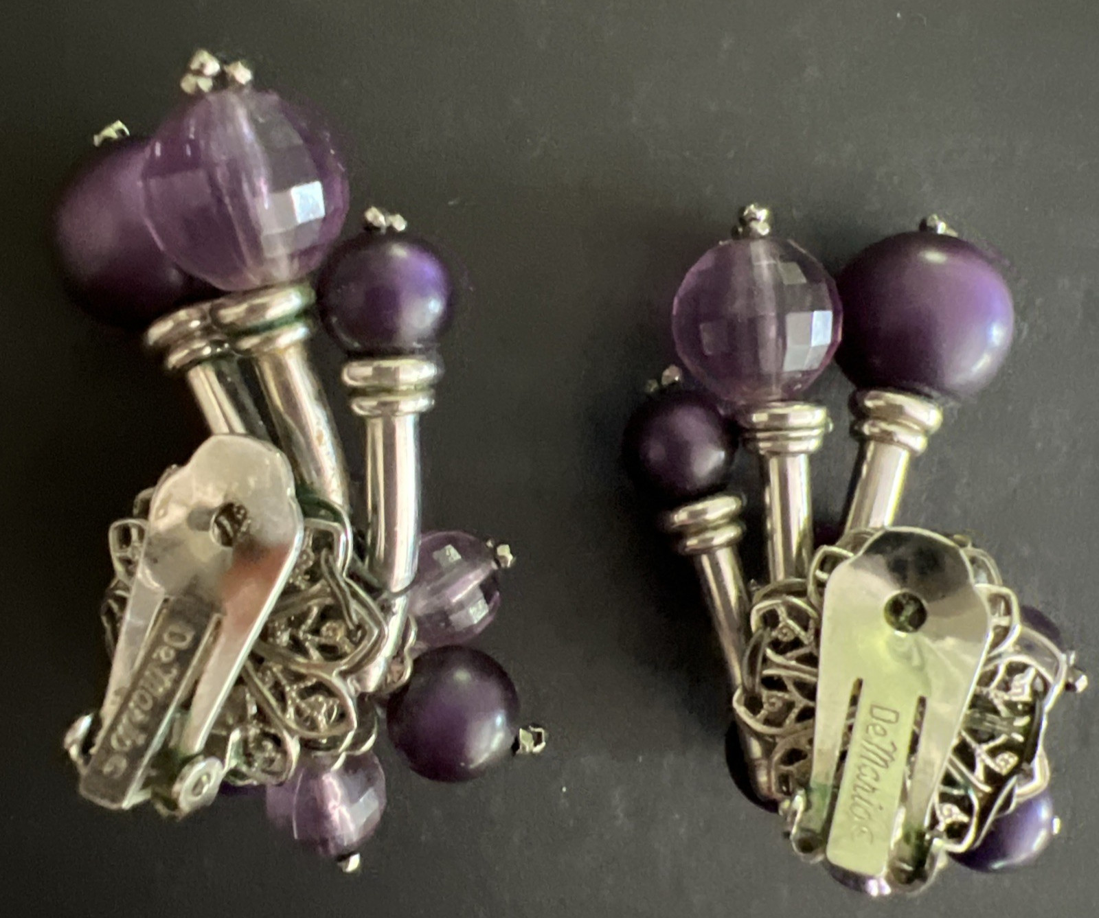 Vintage SIGNED DEMARIO AMETHYST & SILVER BEAD NECKLACE & EARRING SET / 6 STRAND