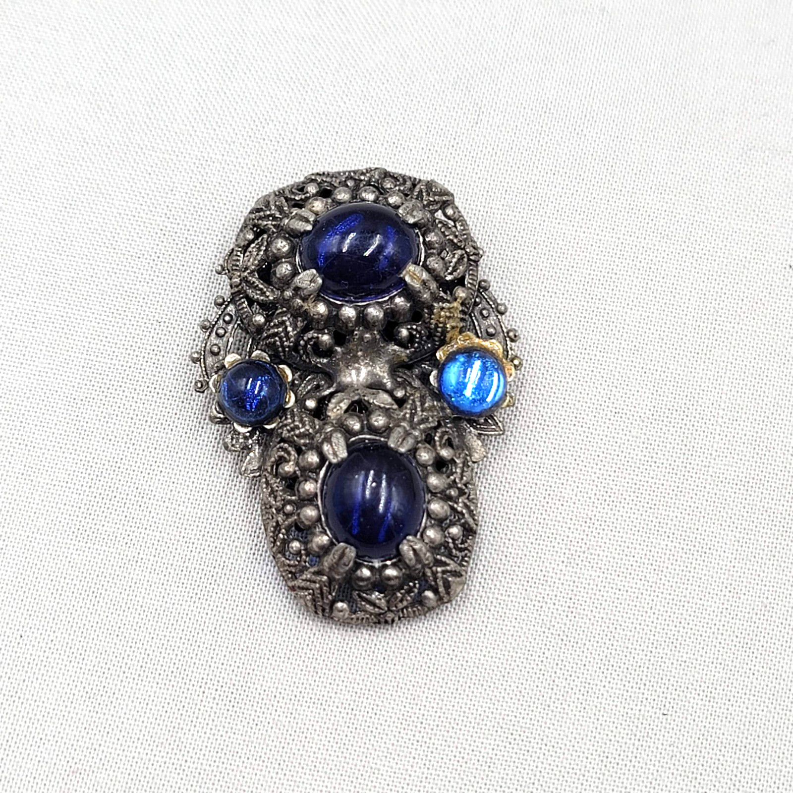 Vintage Blue Cabochon Dress Clip Dark Gray Embossed 2″