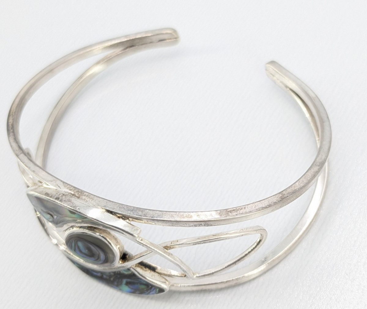 Vintage Abalone Shell Cuff Bracelet Silver Tone Openwork Swirl Small 6.5in Fit