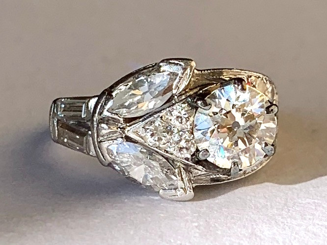 Estate Platinum Floral Burst Diamond Cluster Ring Simulated Center Stone