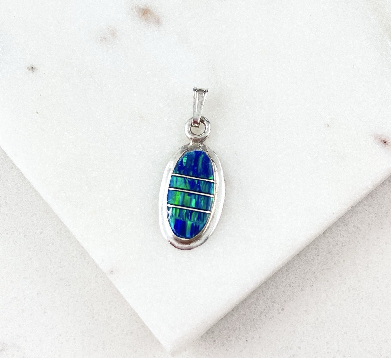 Vintage 925 Sterling Silver Blue Opal Minimal Charm Pendant