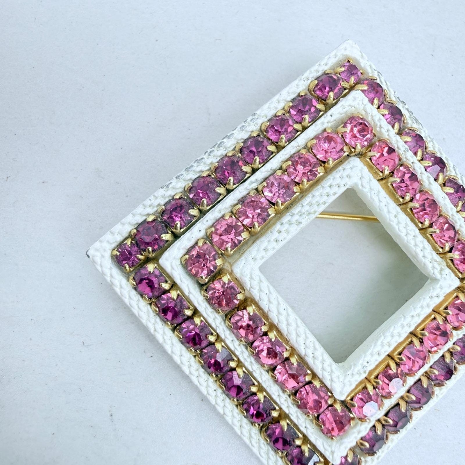 Vintage White Enamel Rhinestone Brooch Pin Geometric Square Pink Purple HEAVY