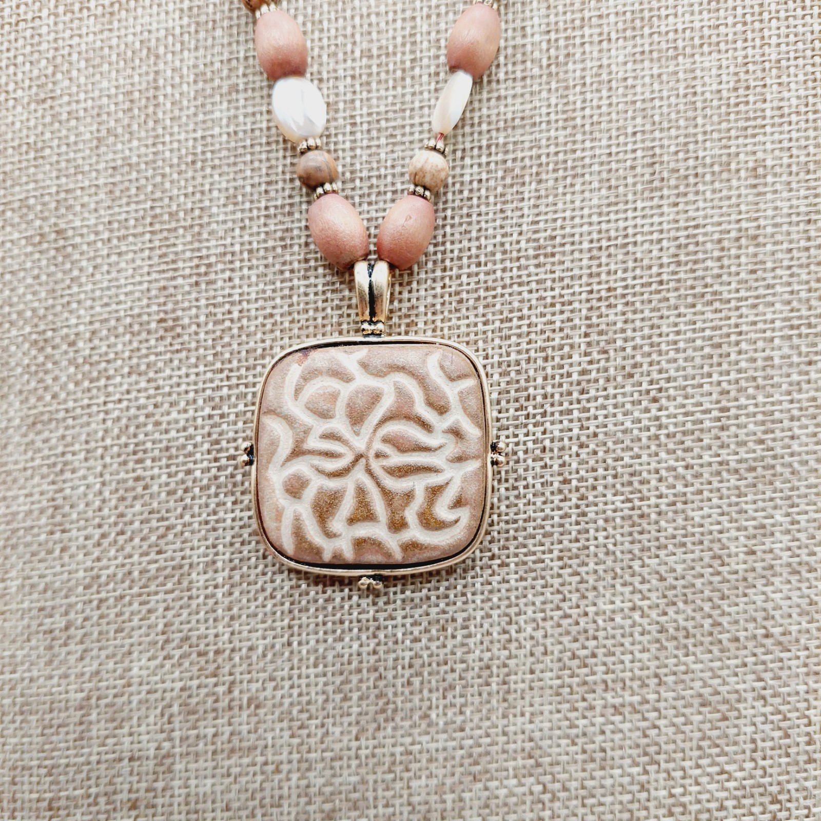 Monet Wood Shell Beads Ceramic Pendant Necklace