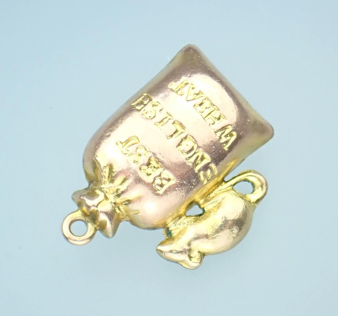 Fun! Antique Victorian Solid 9K Rose Gold Mouse Sack Of Wheat 3D Charm Pendant