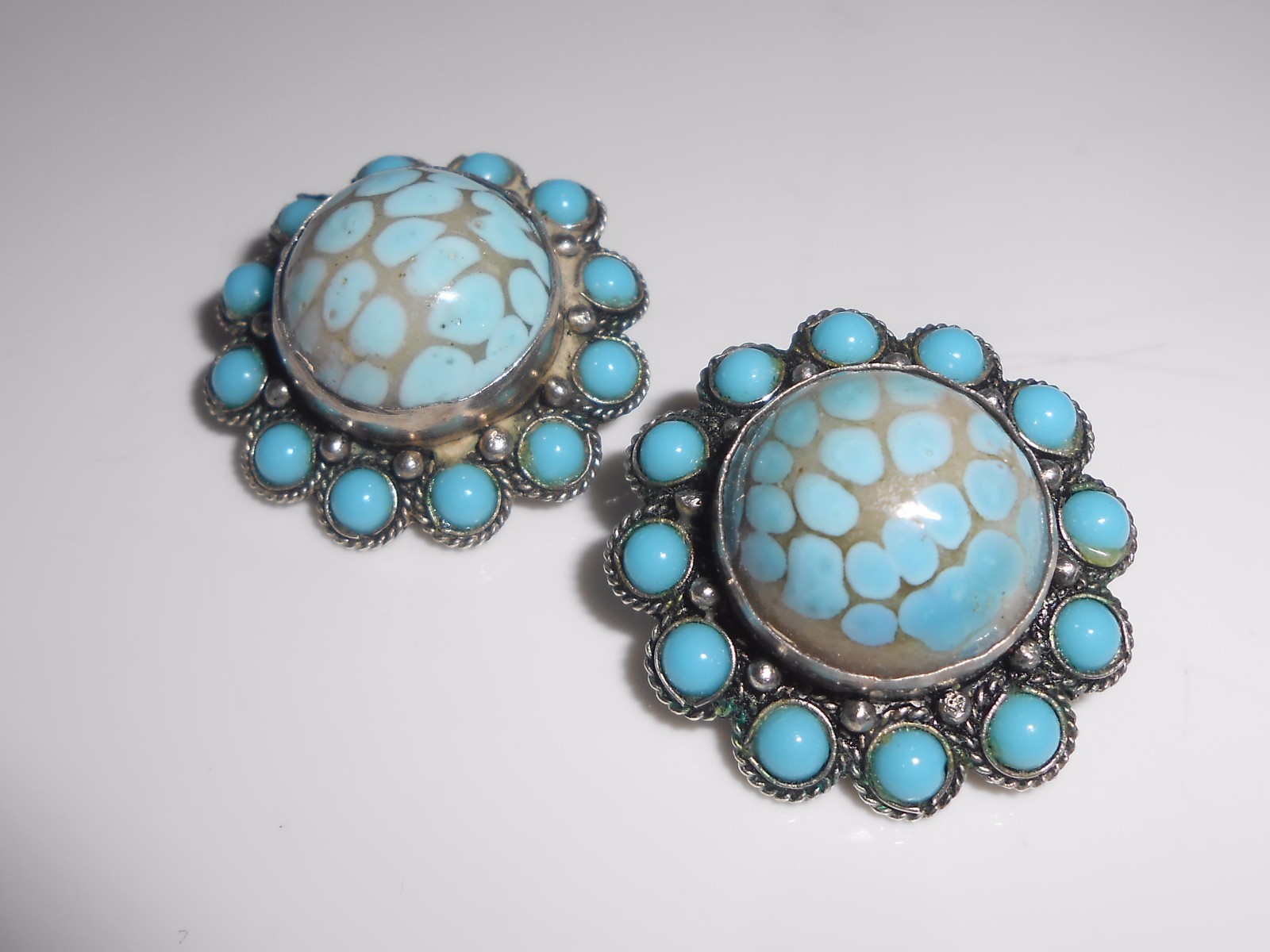 Cannetille Earrings Turquoise Glass 900 Silver Clip Backs Marked YT Antique