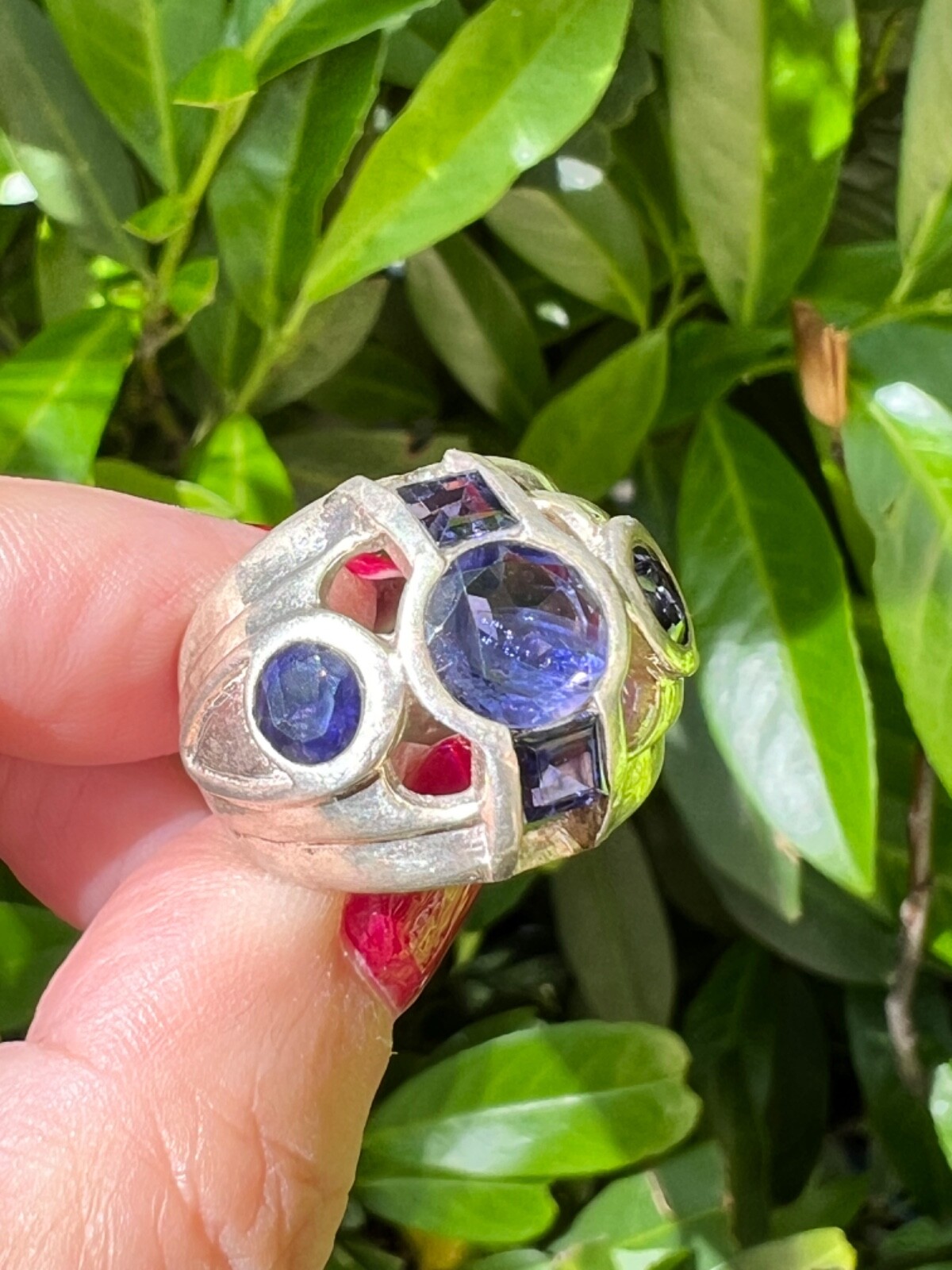 VINTAGE TANZANITE & IOLITE WIDE BAND RING 925 STERLING SLVER UNIQUE HEAVY CHUNKY