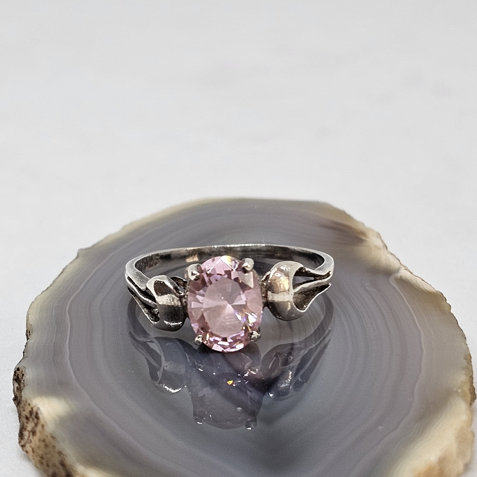 925 Sterling Silver Ring Size 6.5 Pink Crystal Oval Stone Vintage Jewelry