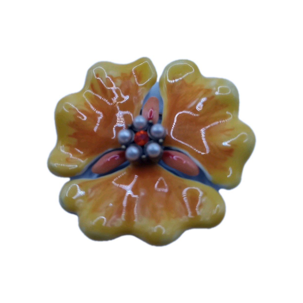 Vintage Enamel Floral Brooch Yellow Orange Faux Pearl Rhinestone Pin 2 in D