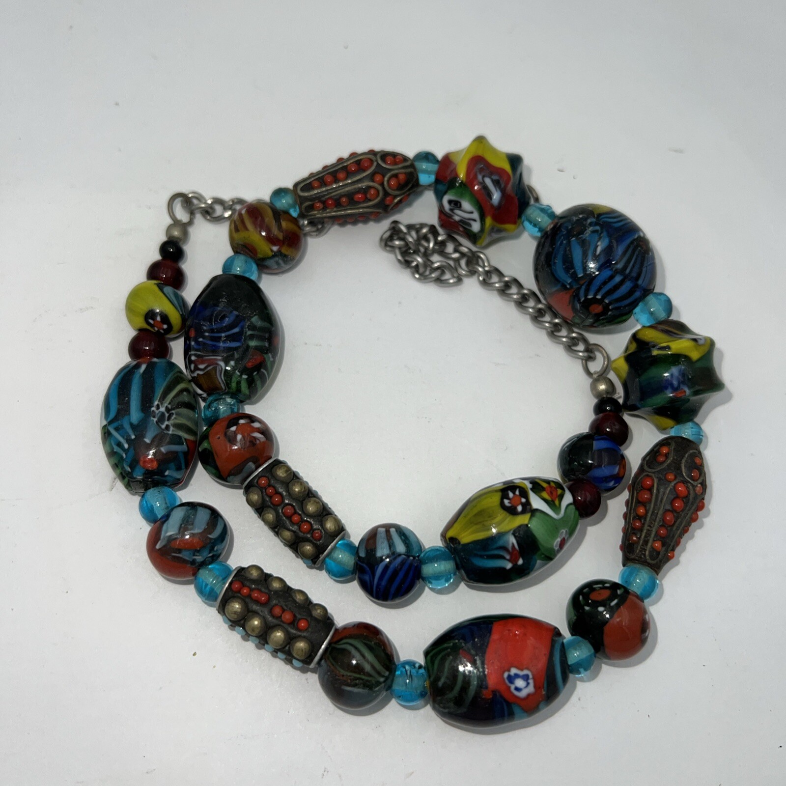 Vtg Murano Millefiori Venetian Oval Glass Different Shapes Bead Necklace